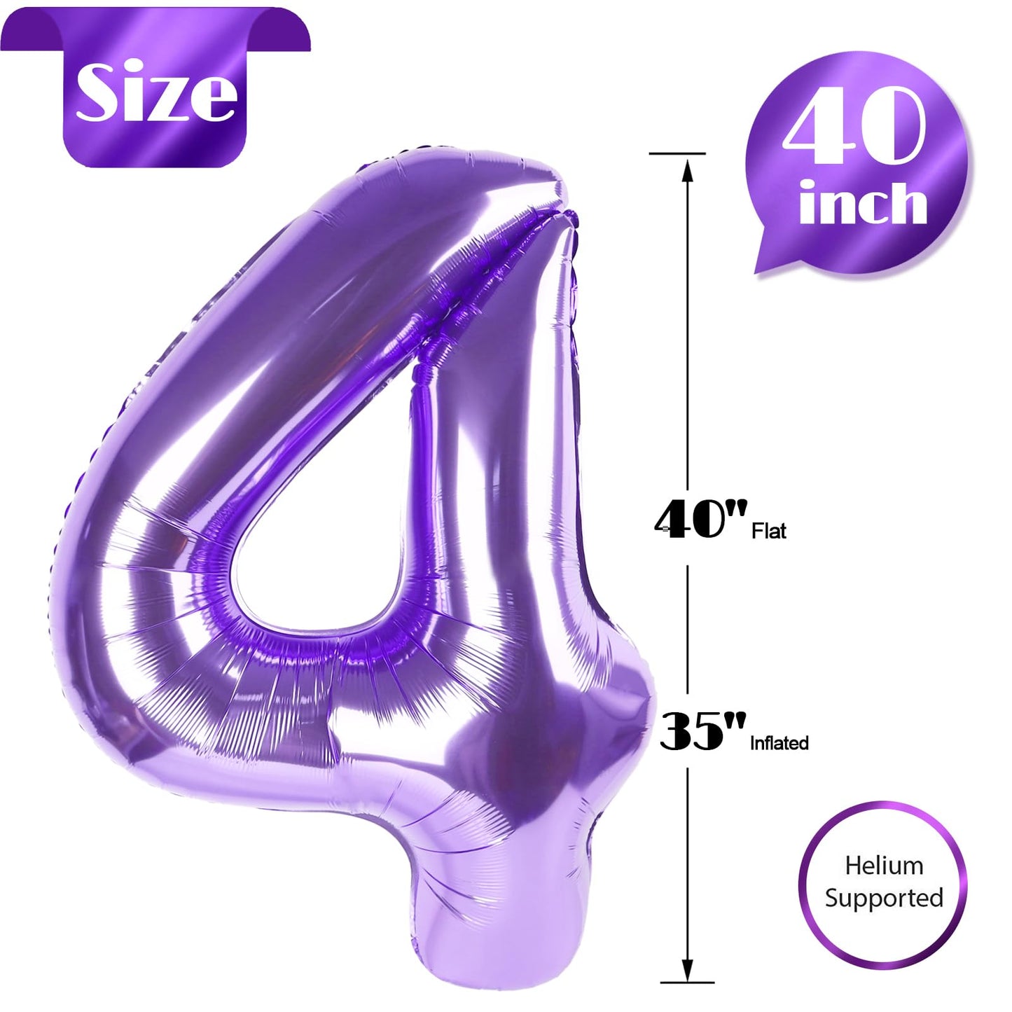 IWERP Purple 4 Balloon – 40 Inch 4th Birthday Foil Balloon for Party Decor