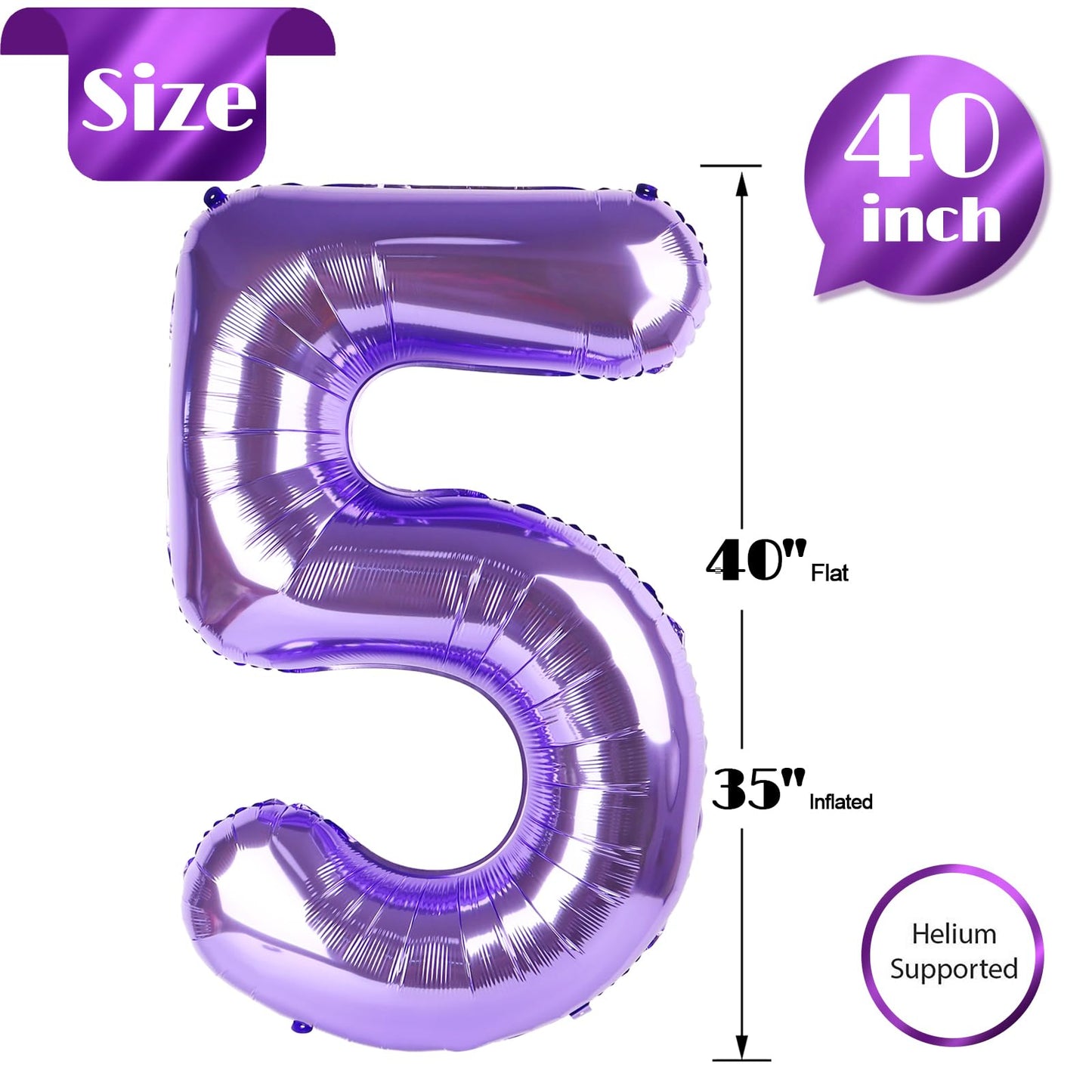 IWERP Purple 5 Balloon – 40 Inch Number Balloon for 5th Birthday Party