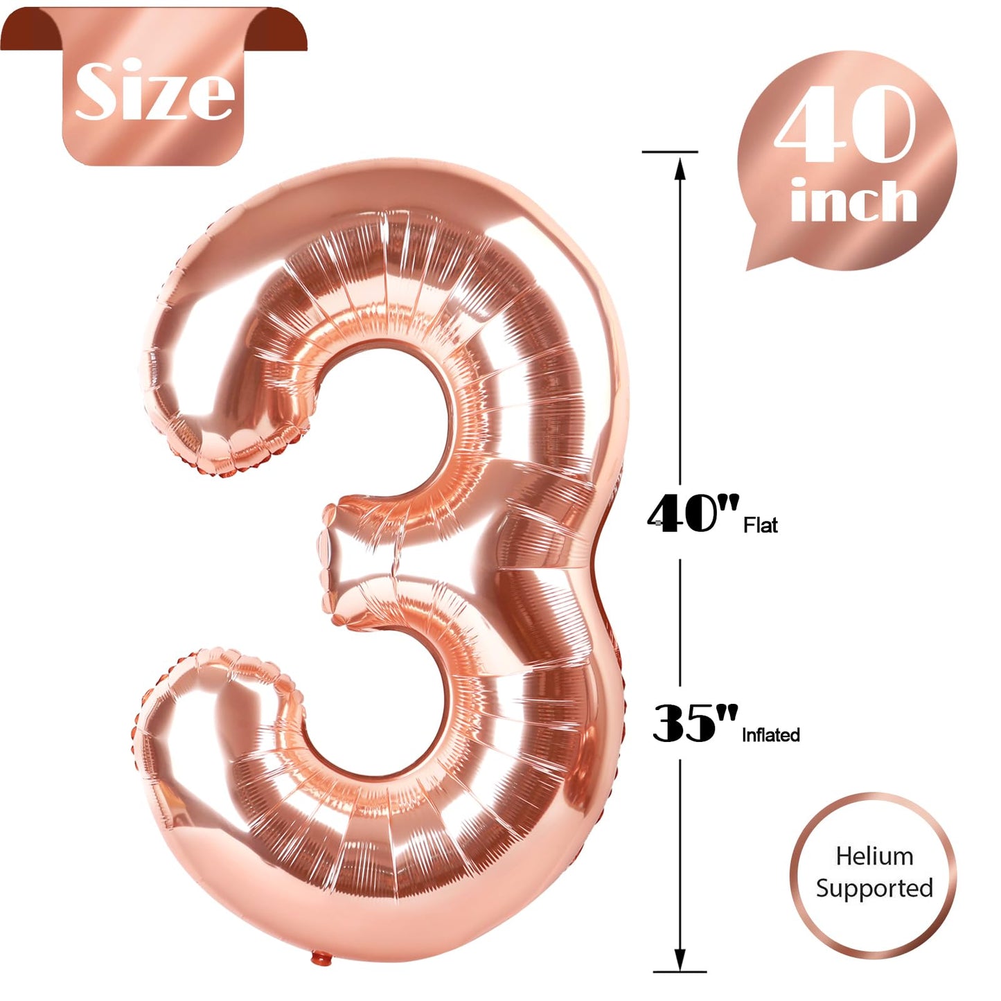 IWERP Rose Gold 3 Balloon - 40-Inch Number Balloon for 3rd Birthday Party Decor