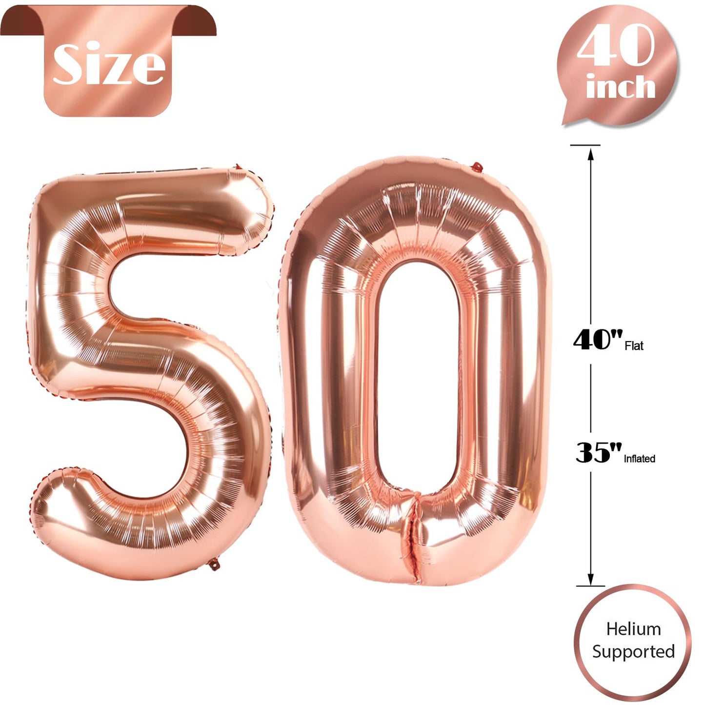 IWERP 50th Birthday Balloon — Rose Gold 40-Inch Number Balloon for Men & Women, 50th Anniversary Decorations