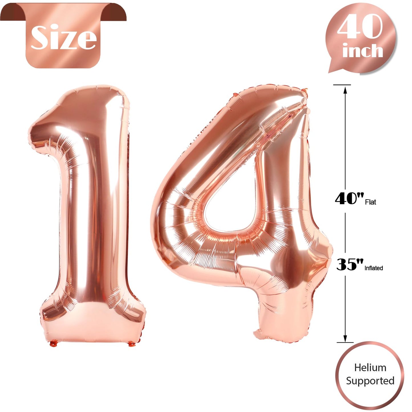 IWERP Rose Gold Number 14 Balloon – 40 Inch 14th Birthday Decor