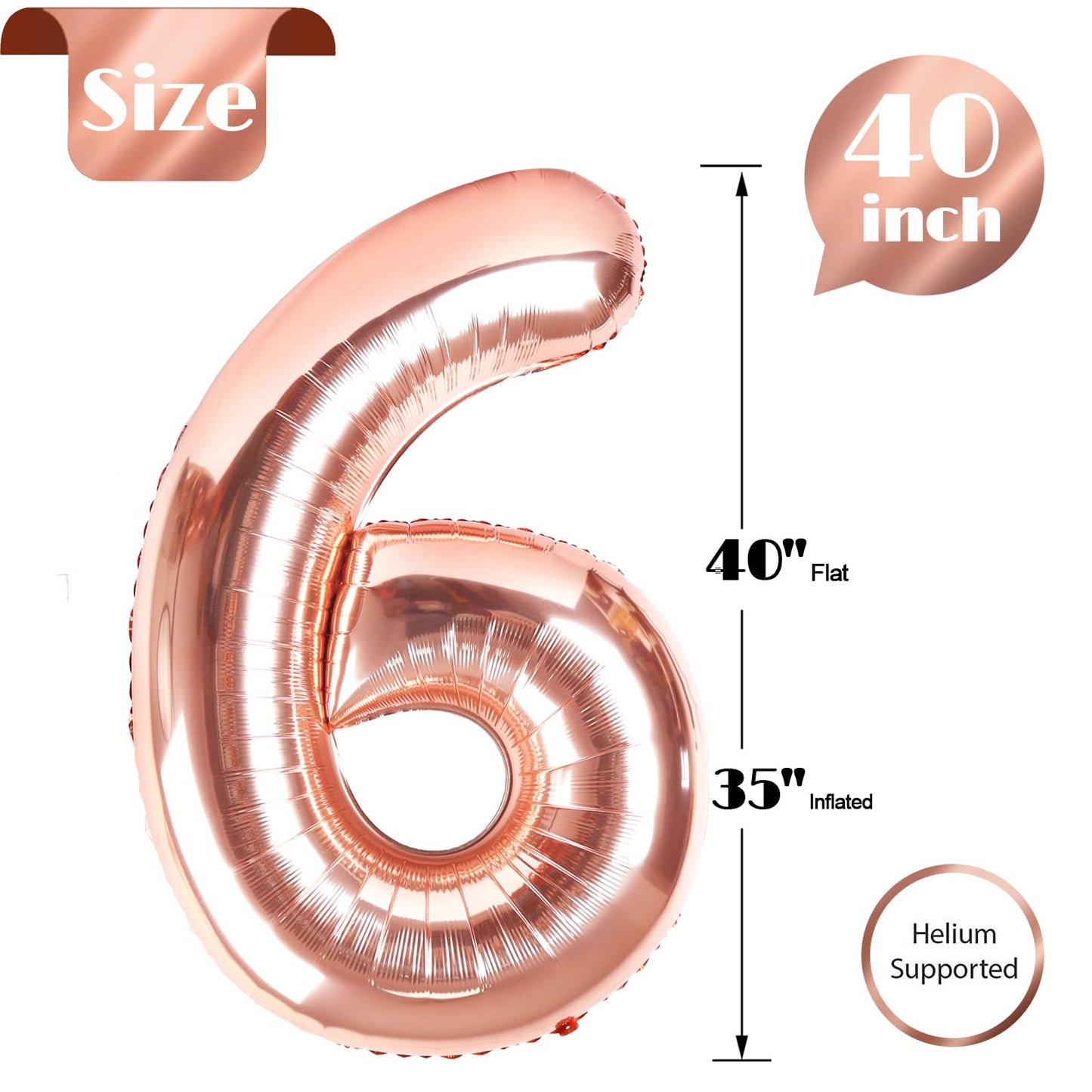 IWERP Rose Gold 6 Balloon – 40 Inch Number Balloon for 6th Birthday Parties