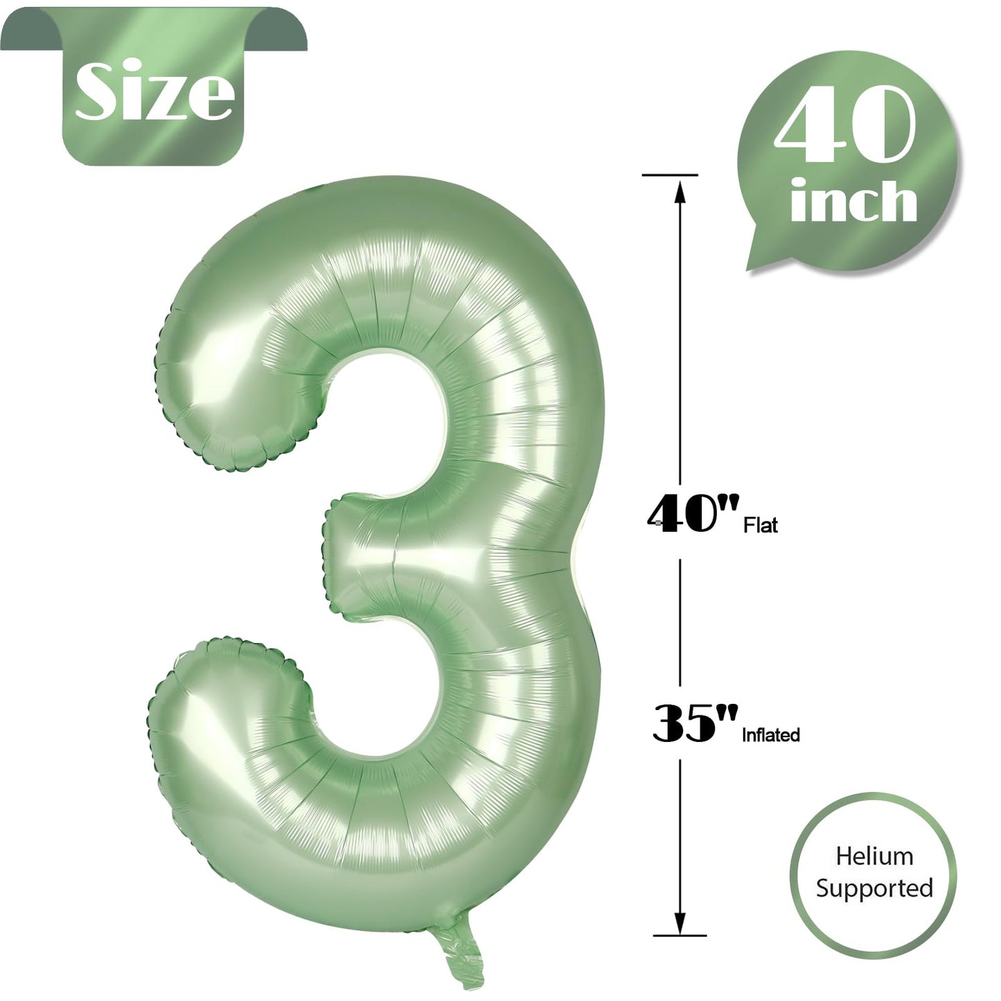 IWERP Sage Green 40-Inch Number 3 Balloon | 3rd Birthday Decorations