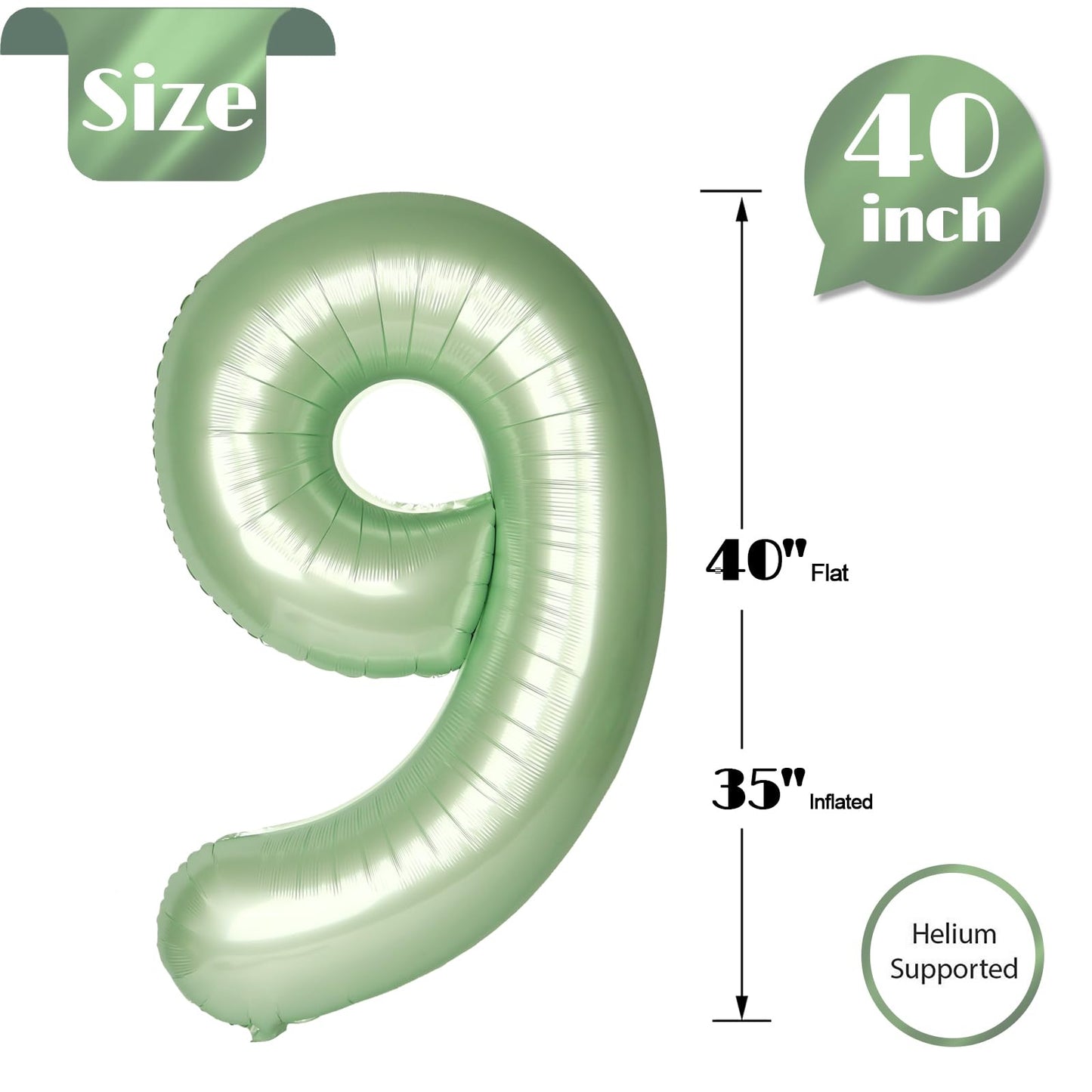 IWERP Sage Green 40-Inch Number 9 Balloon – 9th Birthday Decorations