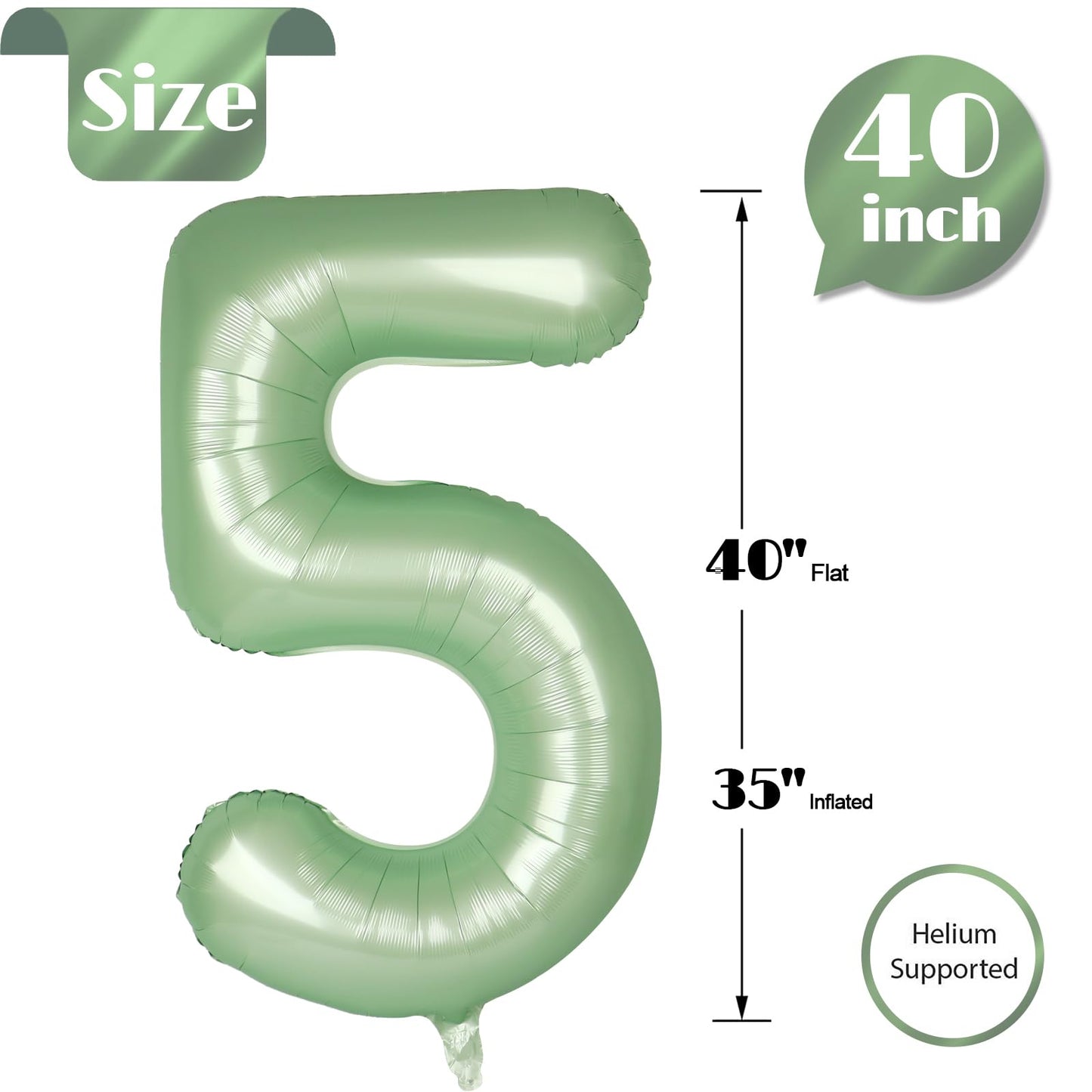 IWERP Sage Green 40-Inch Number Balloon 5 – 5th Birthday Decorations