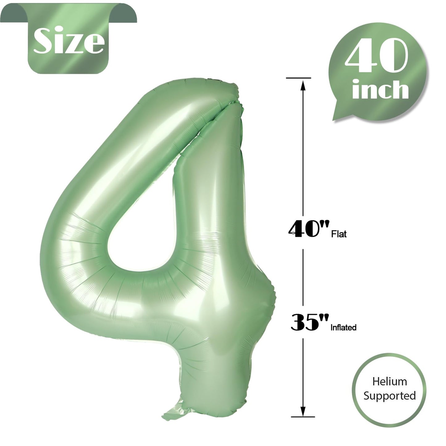 IWERP Sage Green 40-Inch #4 Balloon | Fourth Birthday Decorations for Boys & Girls