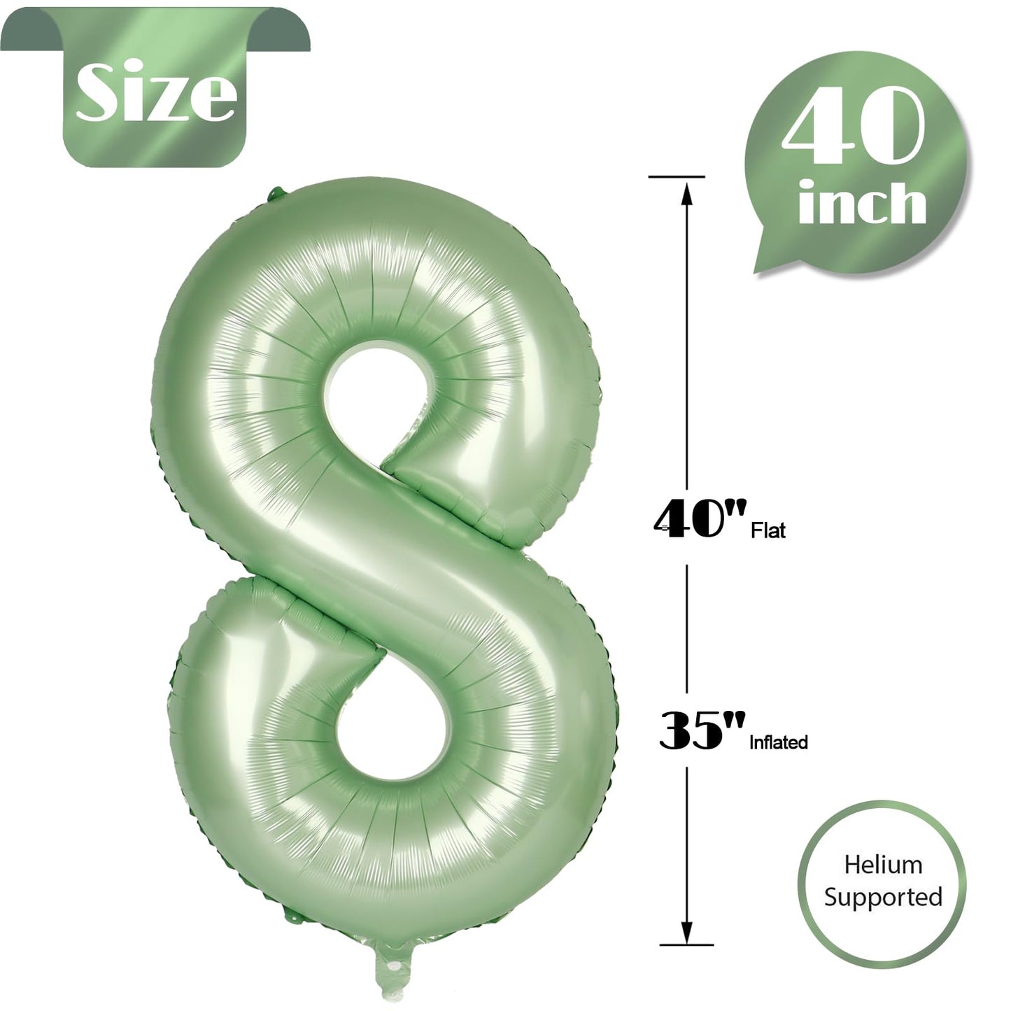 IWERP Sage Green 40-Inch Number 8 Balloon – 8th Birthday Decorations for Boys & Girls