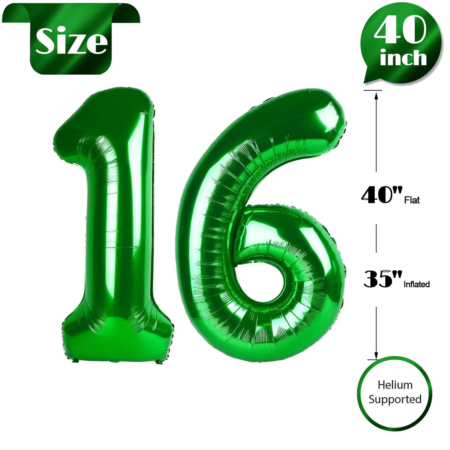 IWERP Green Number 16 Balloon – 40 Inch, 16th Birthday Decorations