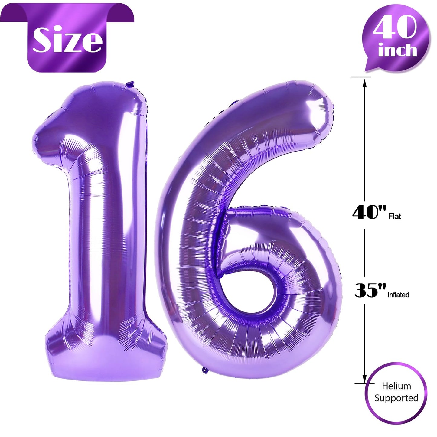 IWERP 16th Birthday Balloon - 40-Inch Purple Number Balloons for Sweet 16 Celebrations