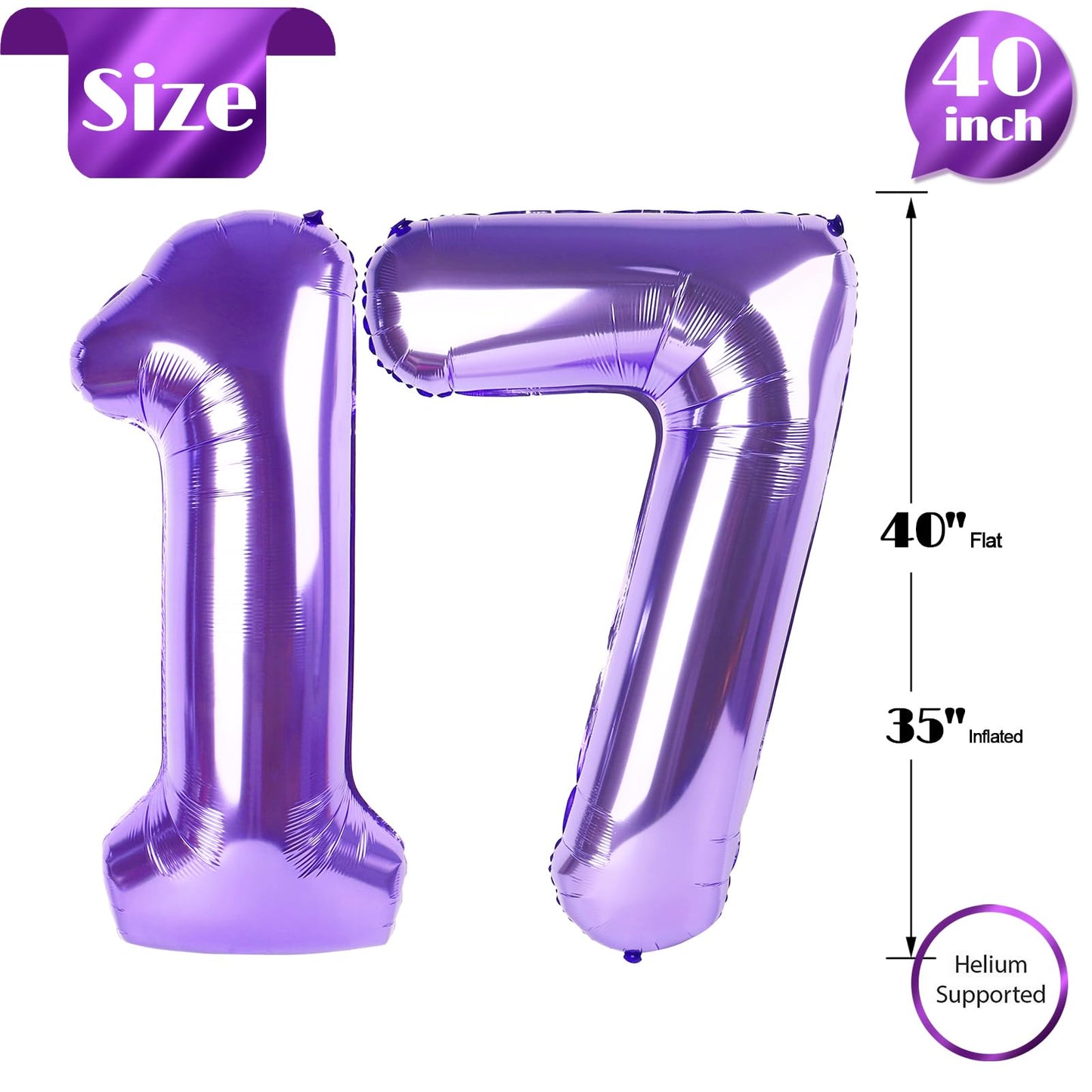 IWERP Purple Number 17 Balloon – 40 Inch Foil Birthday Decoration