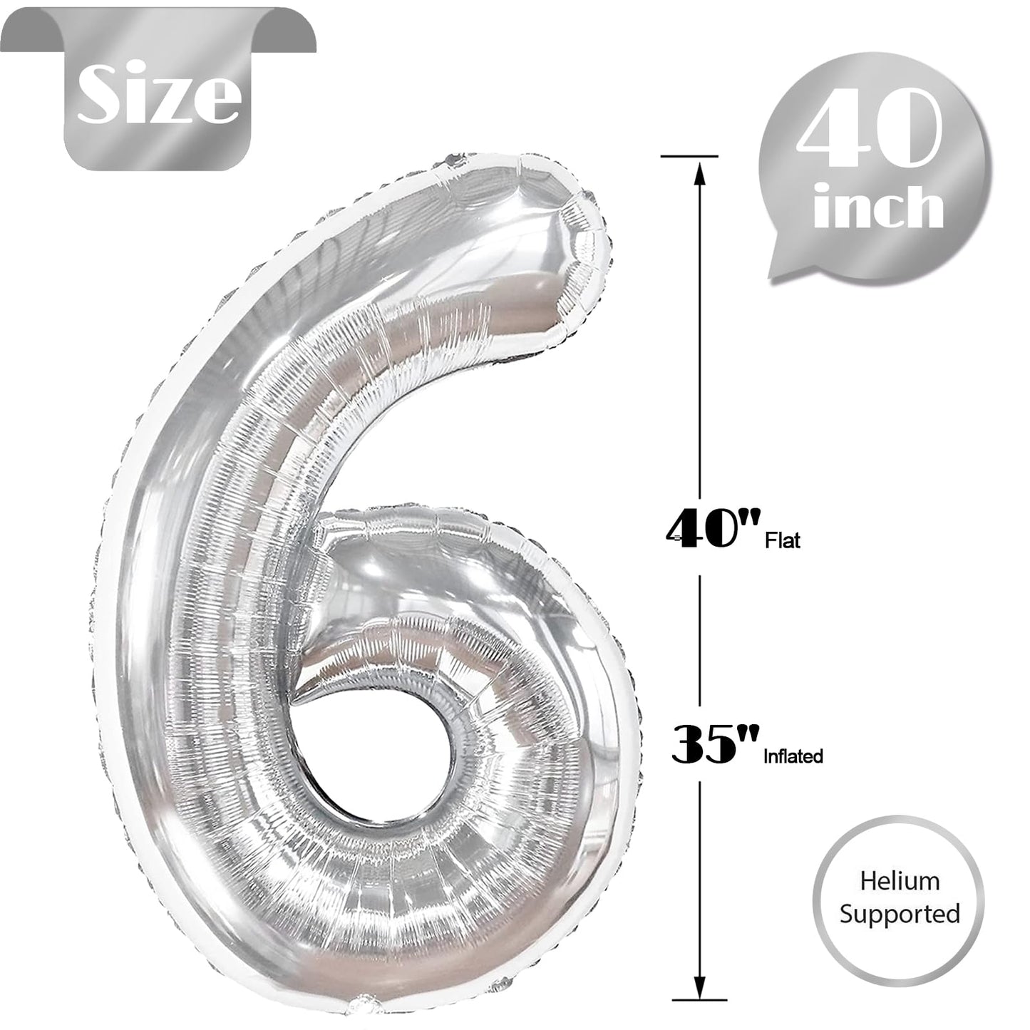 IWERP Silver Number 6 Balloon – 40-Inch 6th Birthday Decor