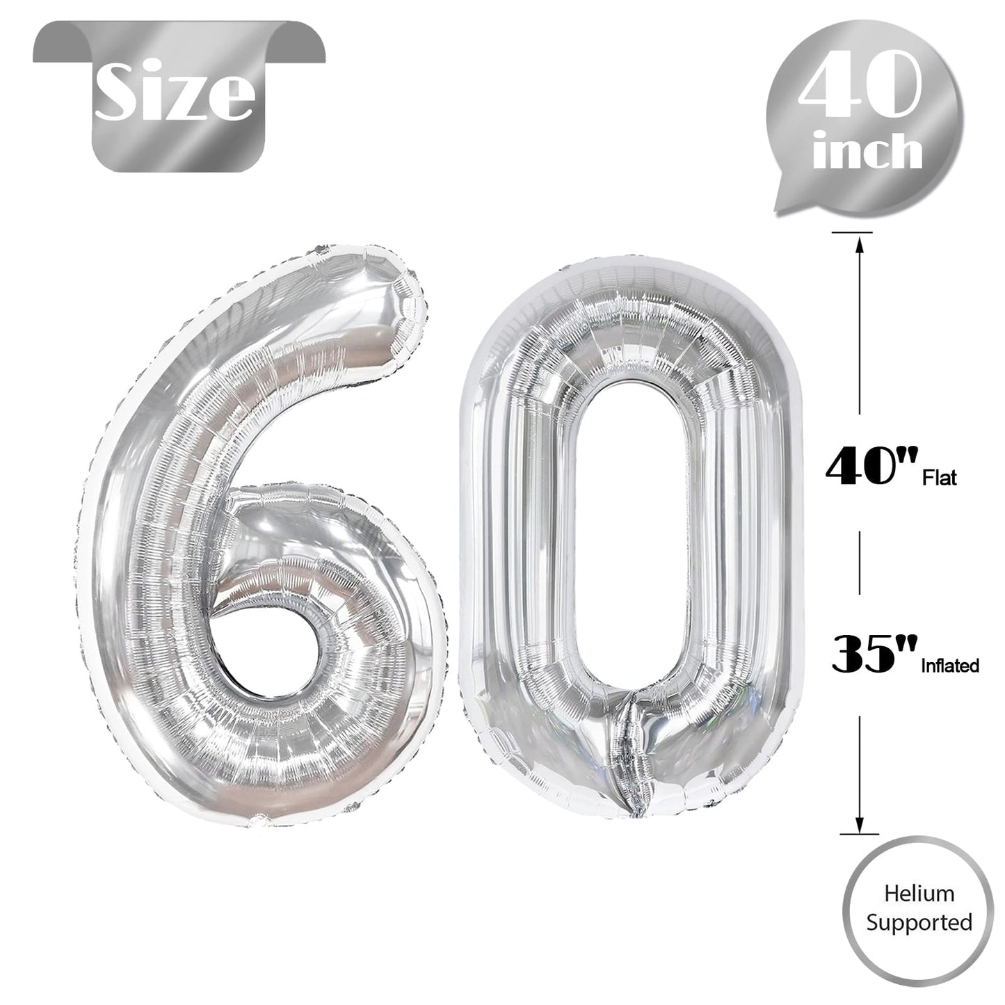 IWERP 60th Birthday Balloon – 40-Inch Silver Number Balloon for 60th Birthday & Anniversary