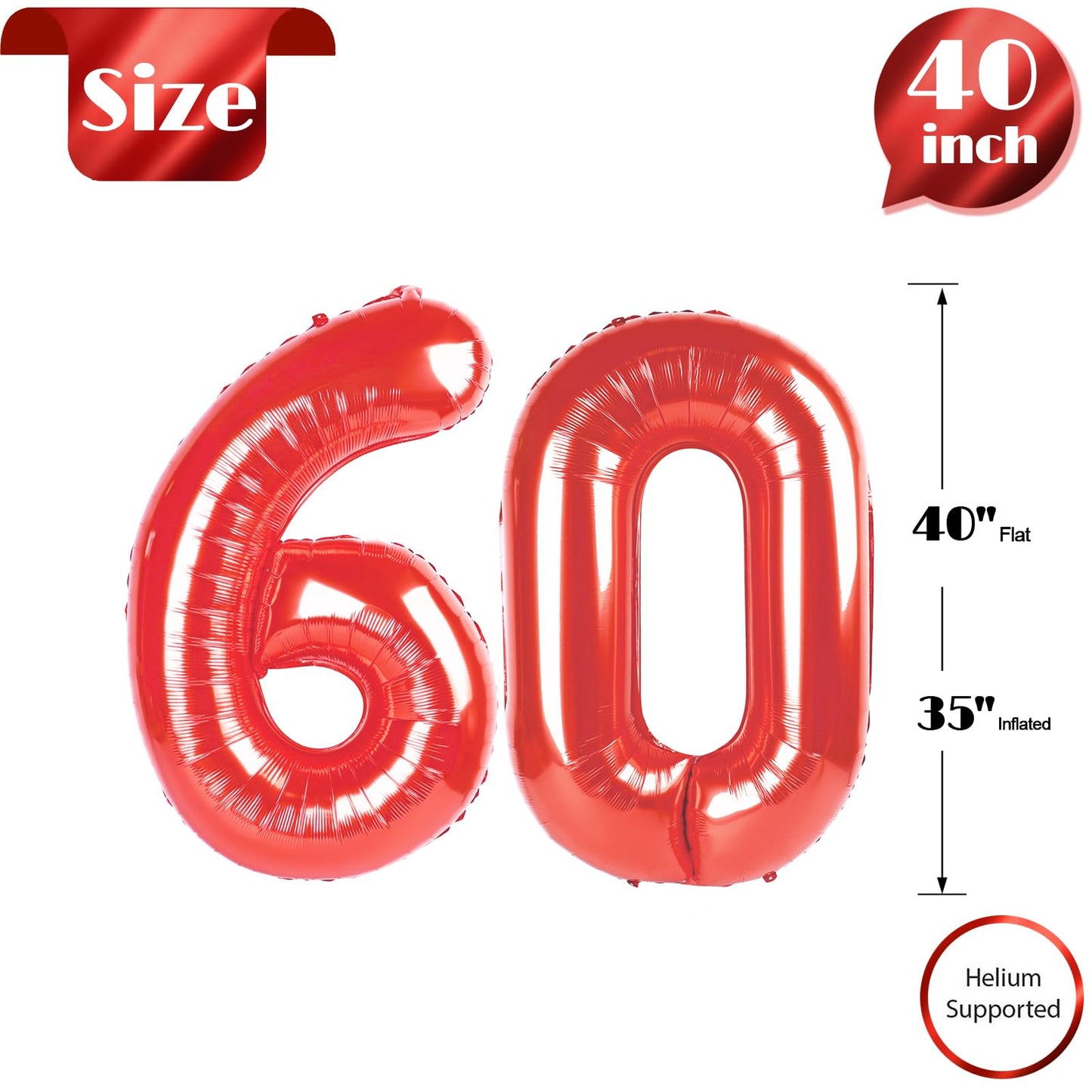 IWERP 60 Balloon Number - 40-Inch Red 60th Birthday Decorations for Men & Women