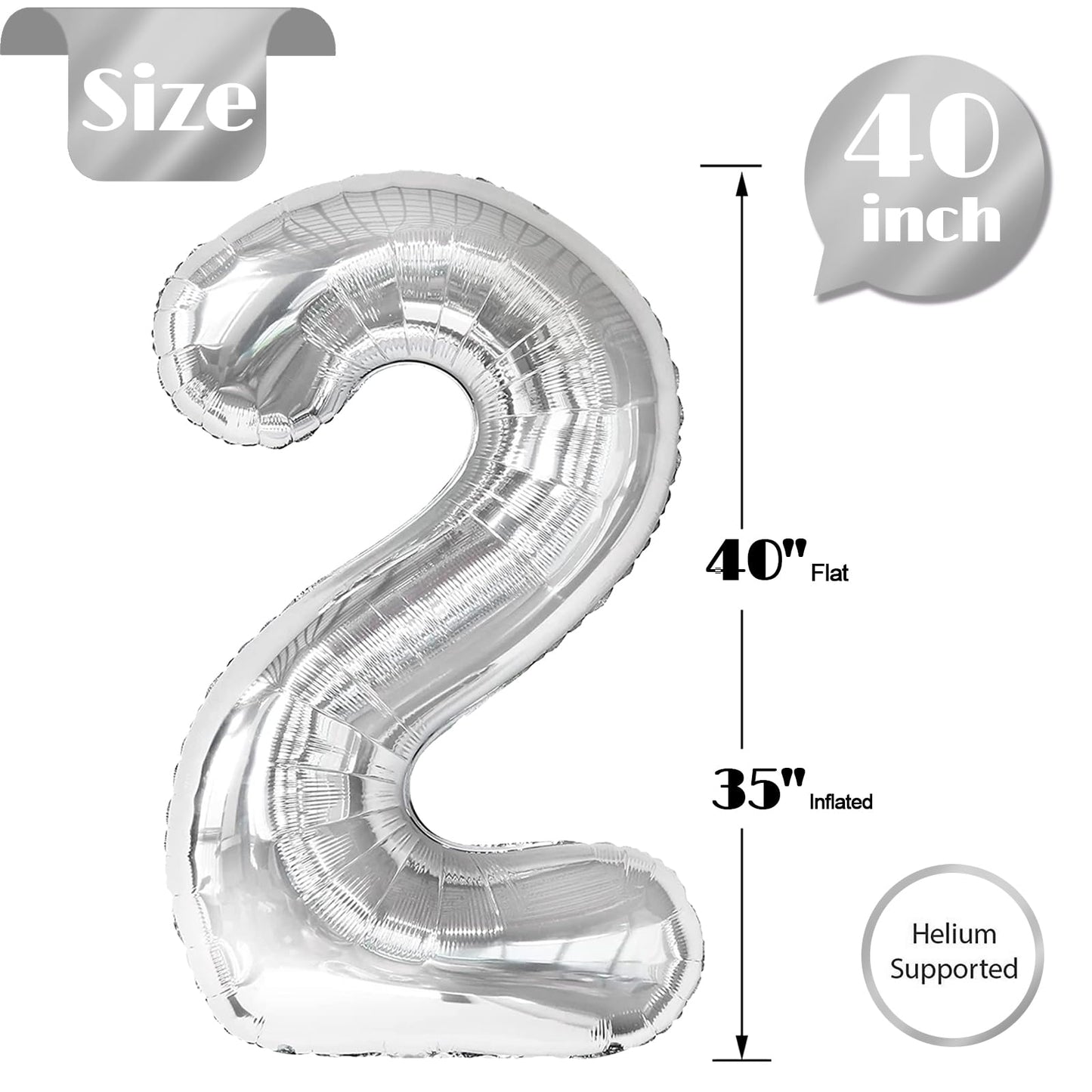 IWERP Silver Number 2 Balloon 40 Inch – 2nd Birthday Party Decor