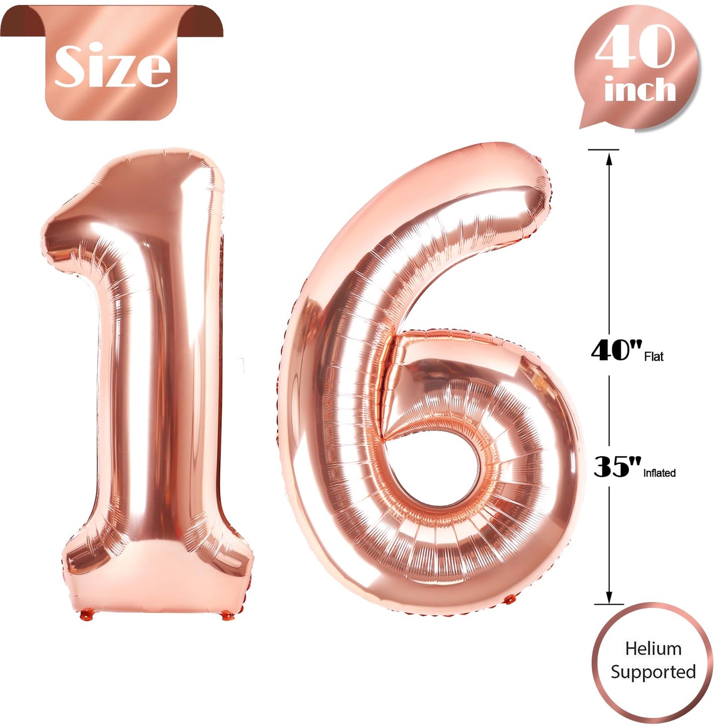 IWERP Rose Gold Number 16 Balloon, 40 Inch - 16th Birthday Decorations for Girls & Boys
