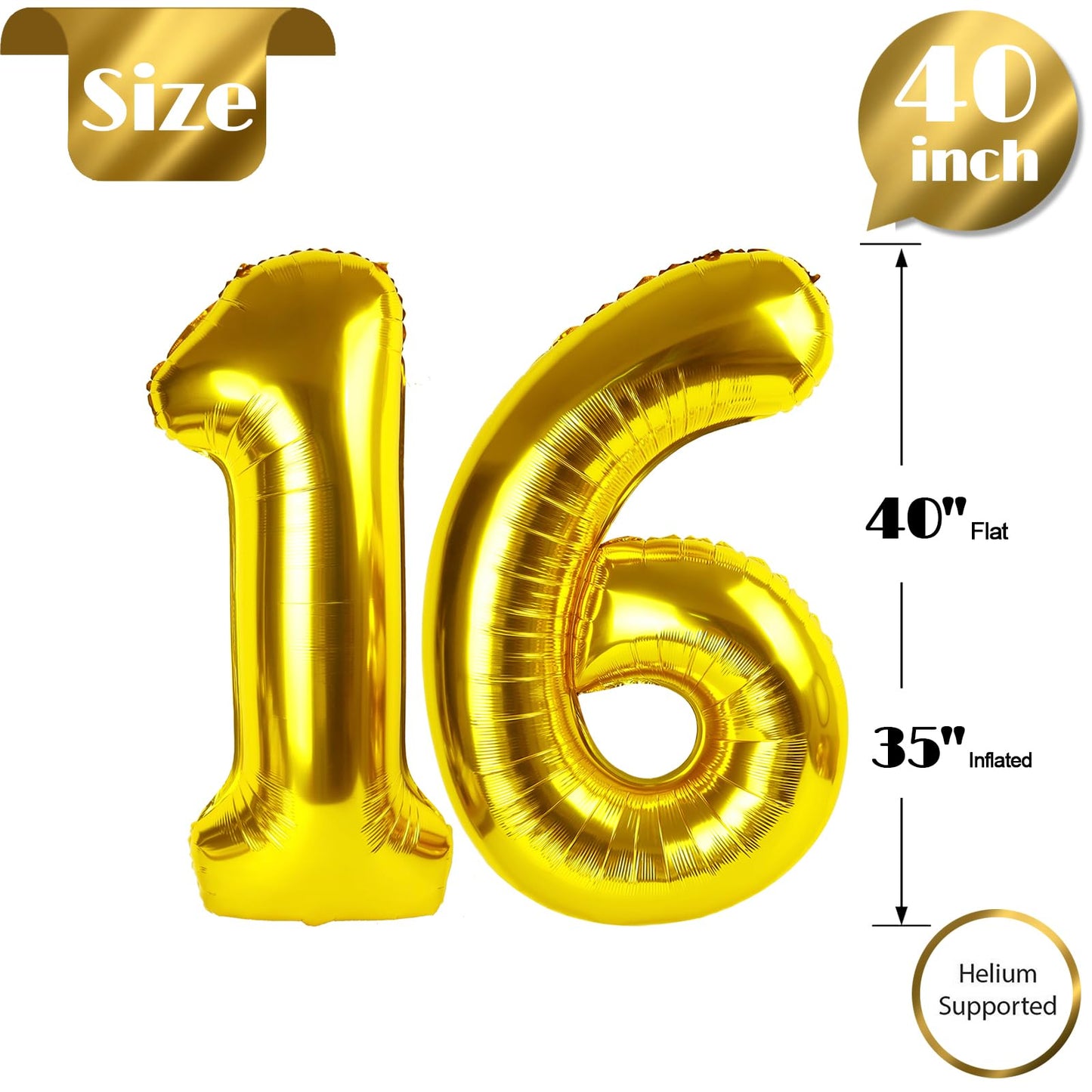 IWERP Gold 16th Birthday Balloon – 40-Inch Number Balloon for Milestones