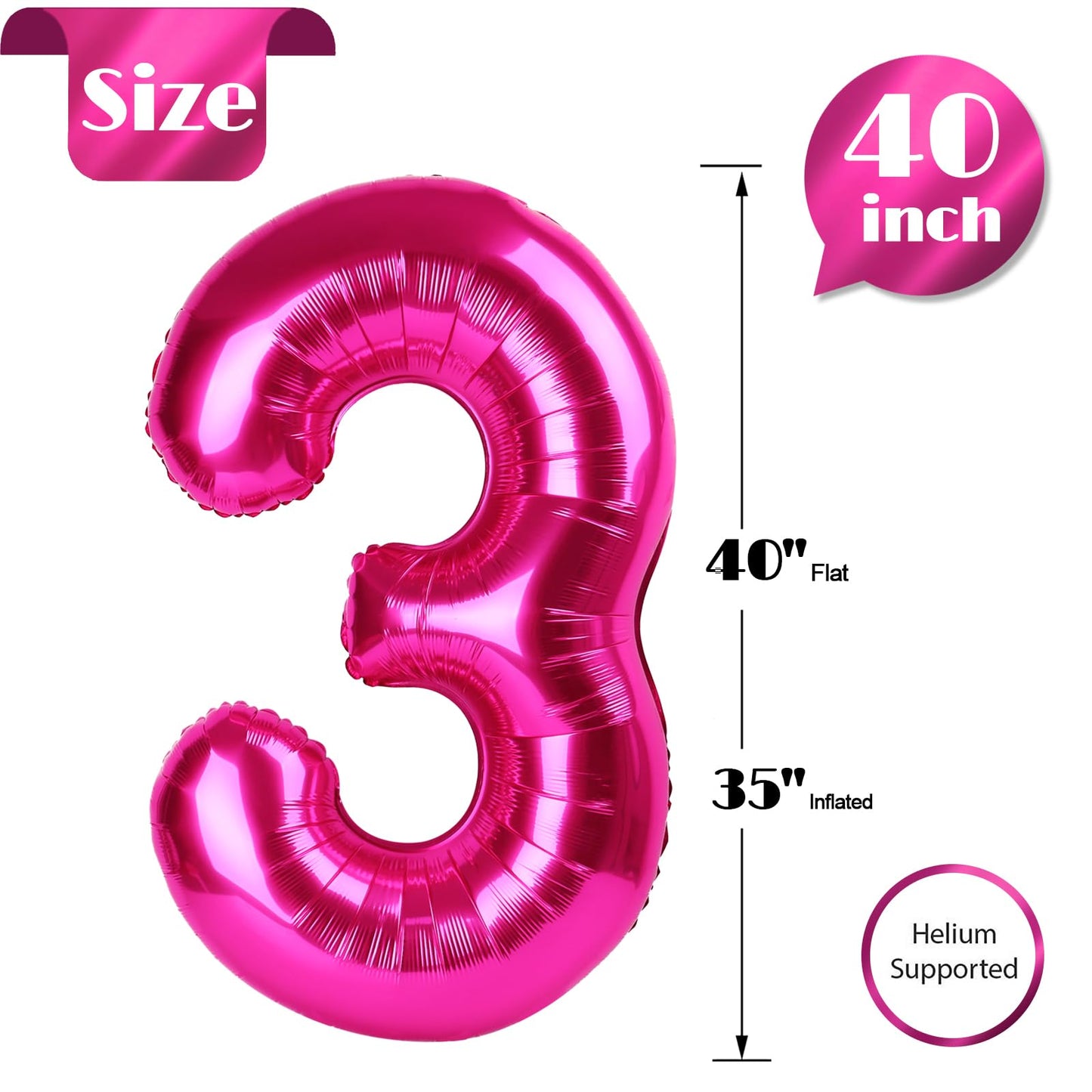 IWERP Hot Pink Number 3 Balloon 40 Inch - 3rd Birthday Decorations
