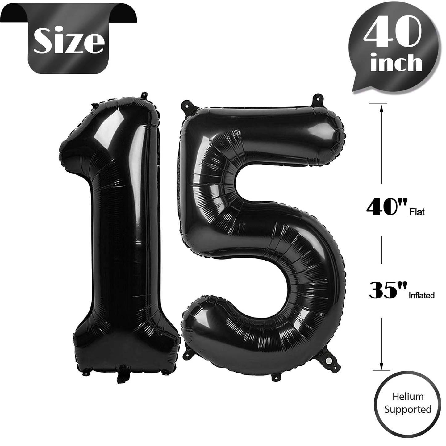 IWERP Black Number 15 Balloon 40 Inch – 15th Birthday Decorations for Girls & Boys