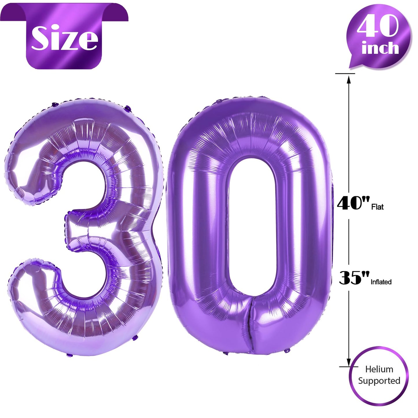 IWERP Purple Number 30 Balloon – 40-Inch Foil 30th Birthday Decorations