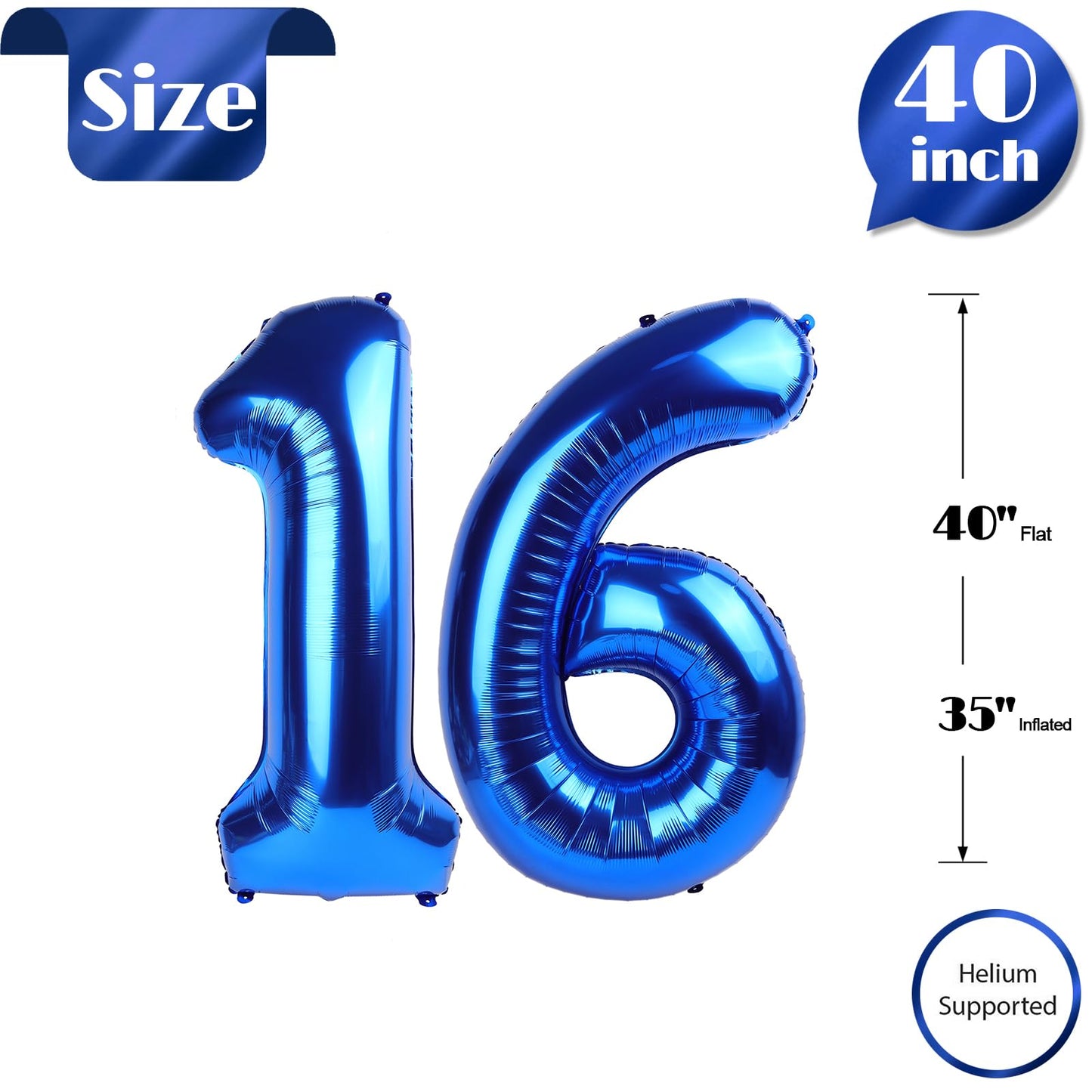 IWERP 16 Balloon Number - 40-Inch Metallic Blue Birthday Decorations