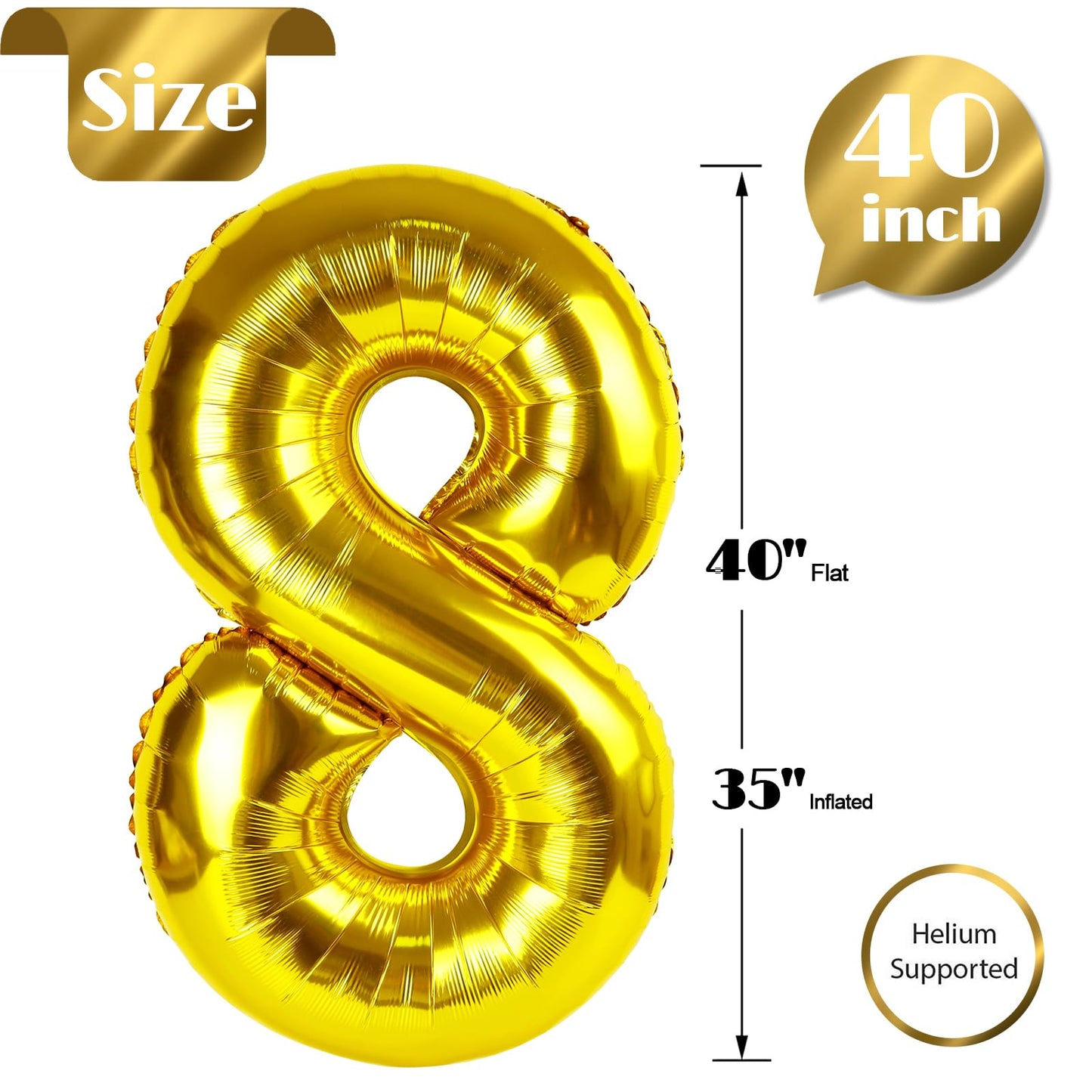 IWERP Gold Number 8 Balloon 40-Inch – 8th Birthday Decor for Boys & Girls
