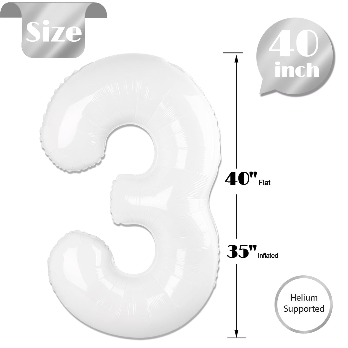 IWERP White Number 3 Balloon 40 Inch – 3rd Birthday Party Decor