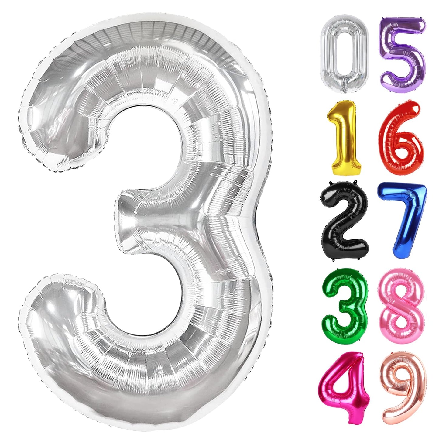 IWERP Silver Number 3 Balloon – 40-Inch, 3rd Birthday Party Decor