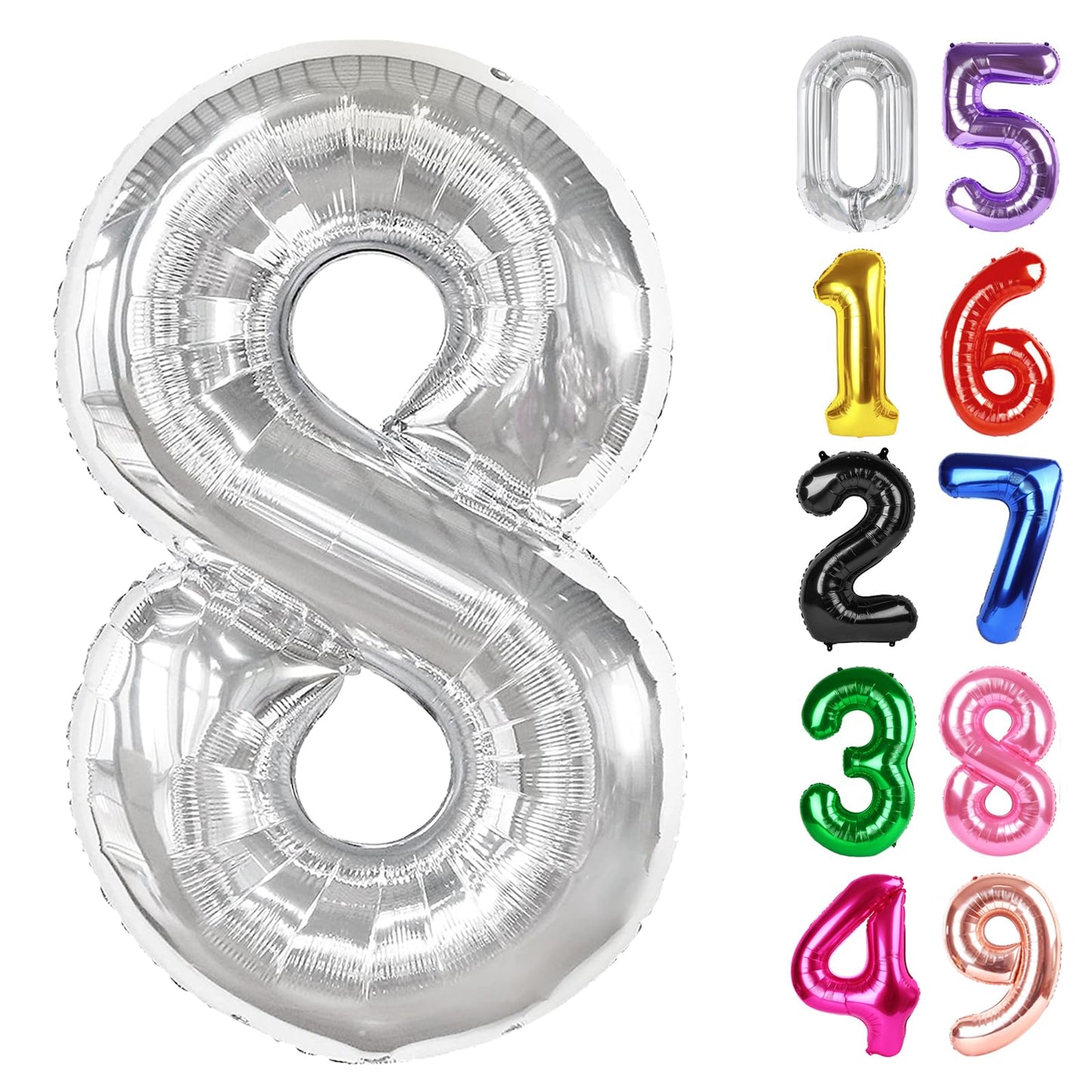 IWERP Silver Number 8 Balloon — 40-Inch Giant 8th Birthday Foil Balloon