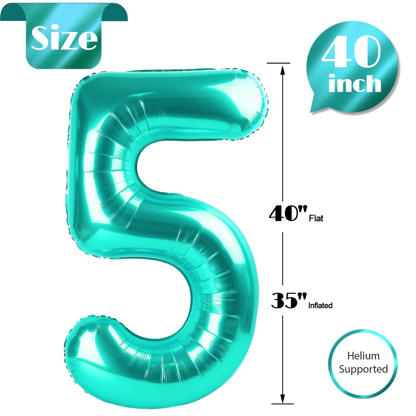 IWERP Teal 40-Inch Number 5 Balloon – 5th Birthday Decorations for Boys & Girls
