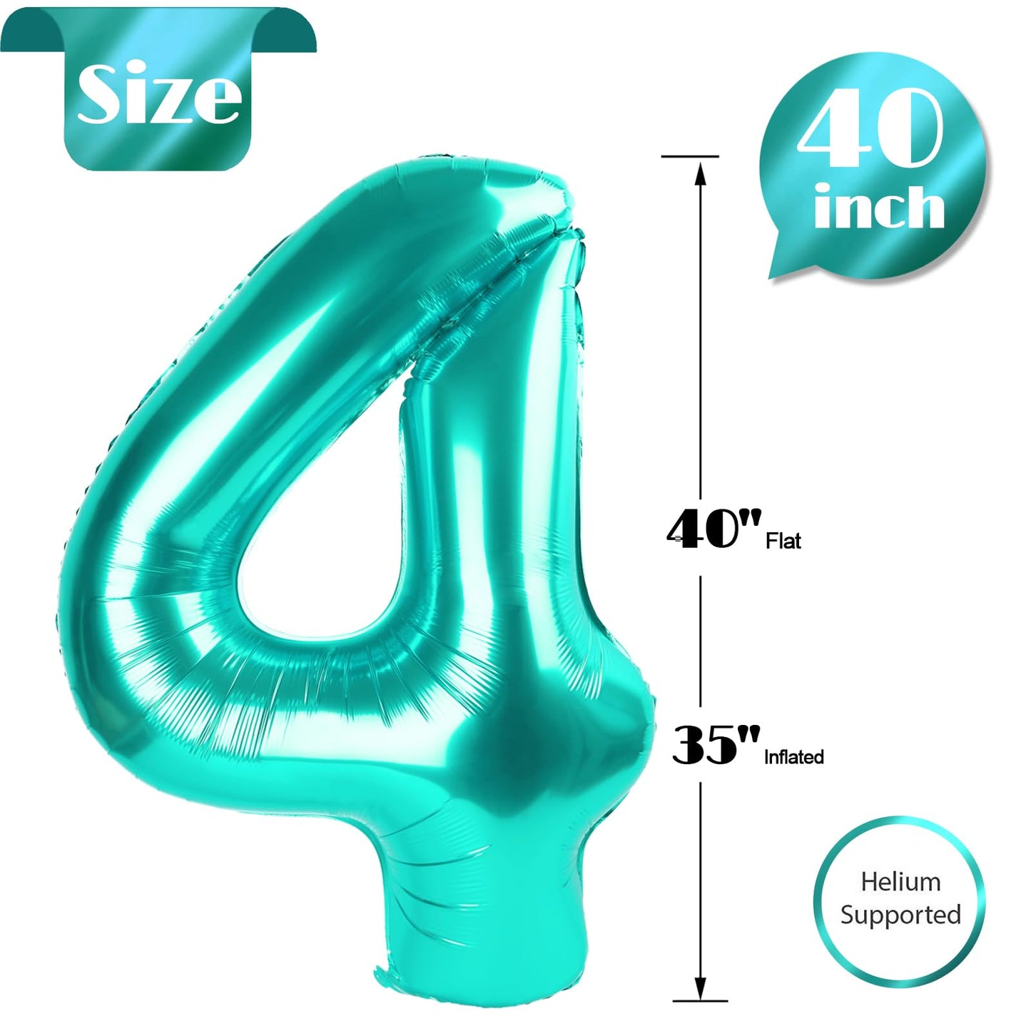 IWERP Teal 40-Inch Number 4 Balloon – 4th Birthday Decorations & Teal Party Supplies