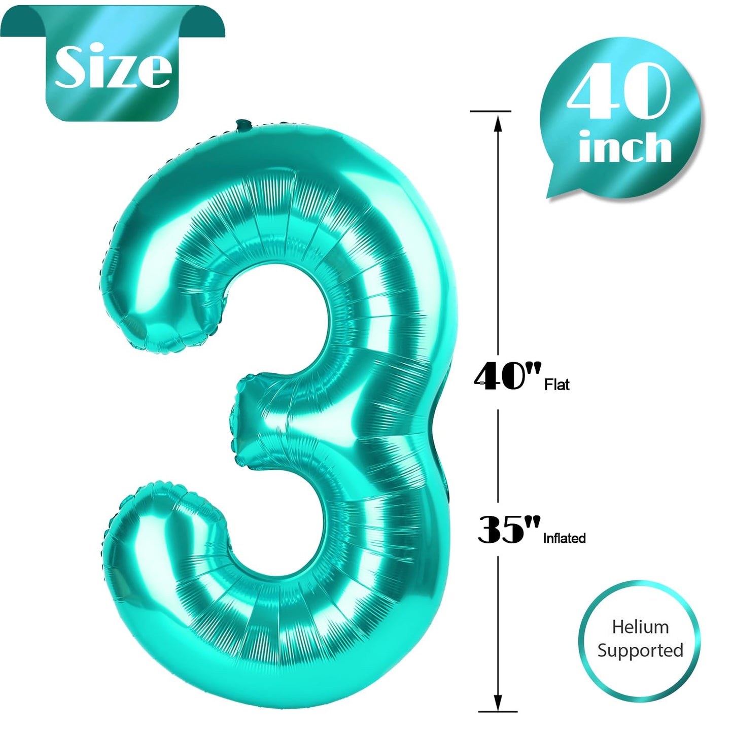 IWERP Teal Number 3 Balloon 40 Inch – 3rd Birthday Decorations