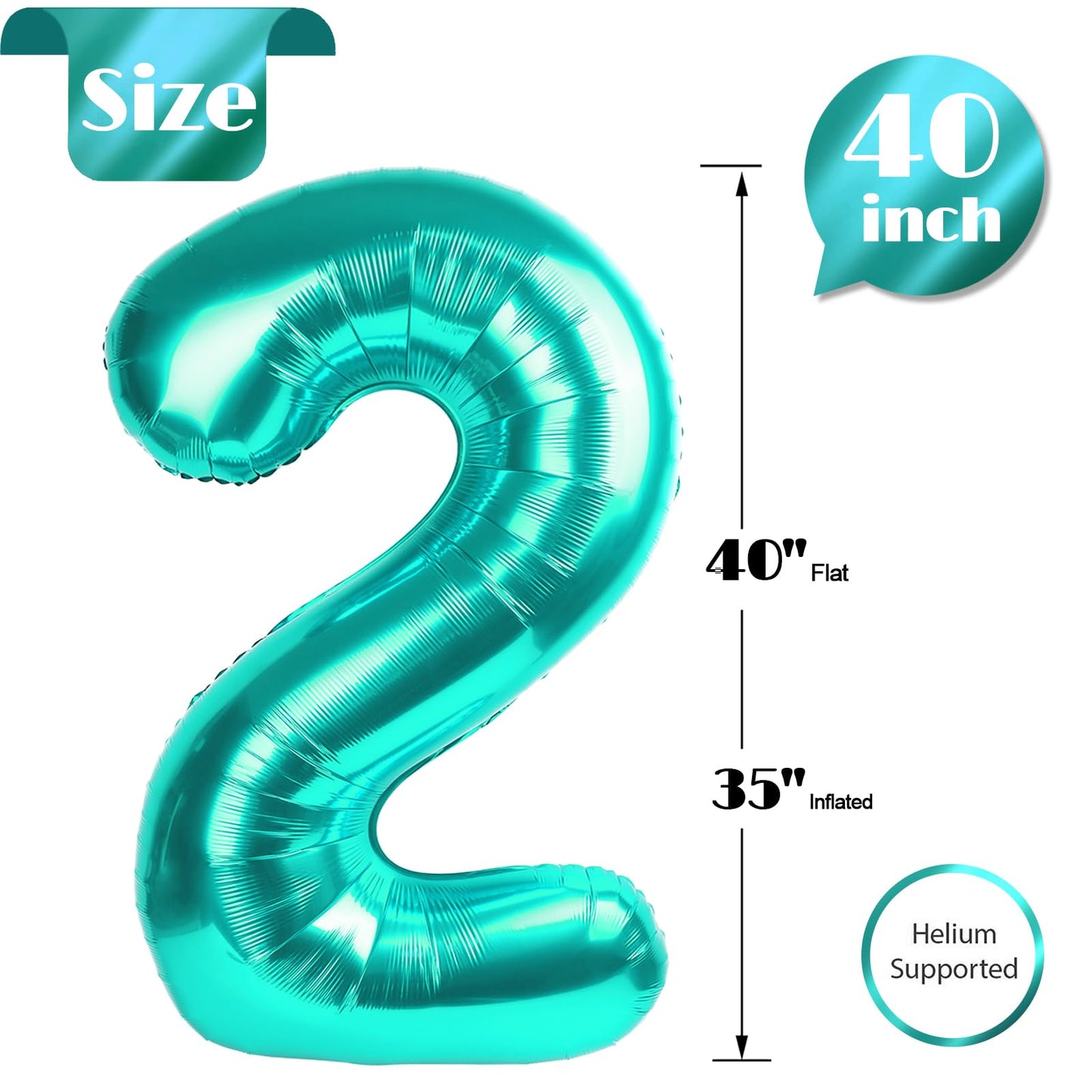 IWERP Teal Number 2 Balloon 40-Inch — 2nd Birthday Decor for Kids