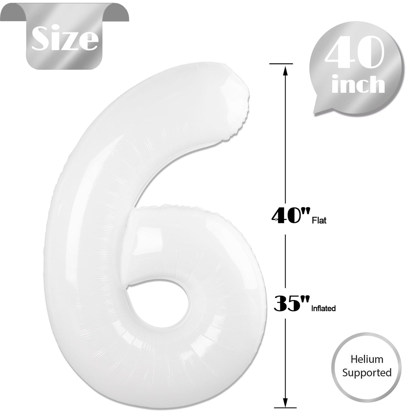 IWERP White Number 6 Balloon 40 Inch – Giant 6th Birthday Foil Balloon for Party Decor
