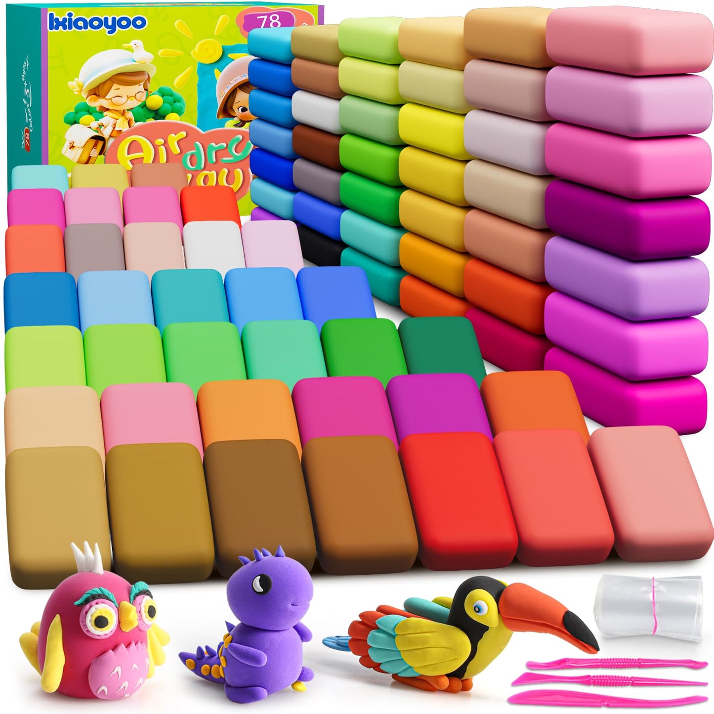 Ixiaoyoo Air Dry Clay for Kids – 78 Colors, Safe & Non-Toxic DIY Modeling Kit with Tools
