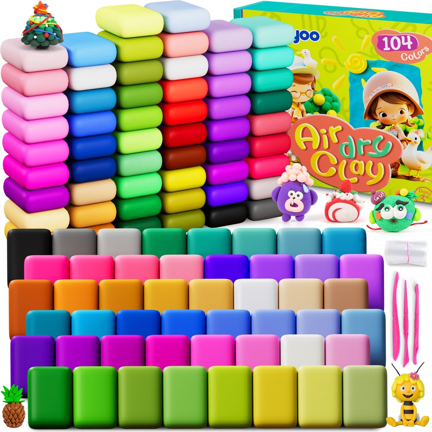 Ixiaoyoo Air Dry Clay Kit – 104 Colors, Tools, Safe Modelling Clay for Kids 3-12
