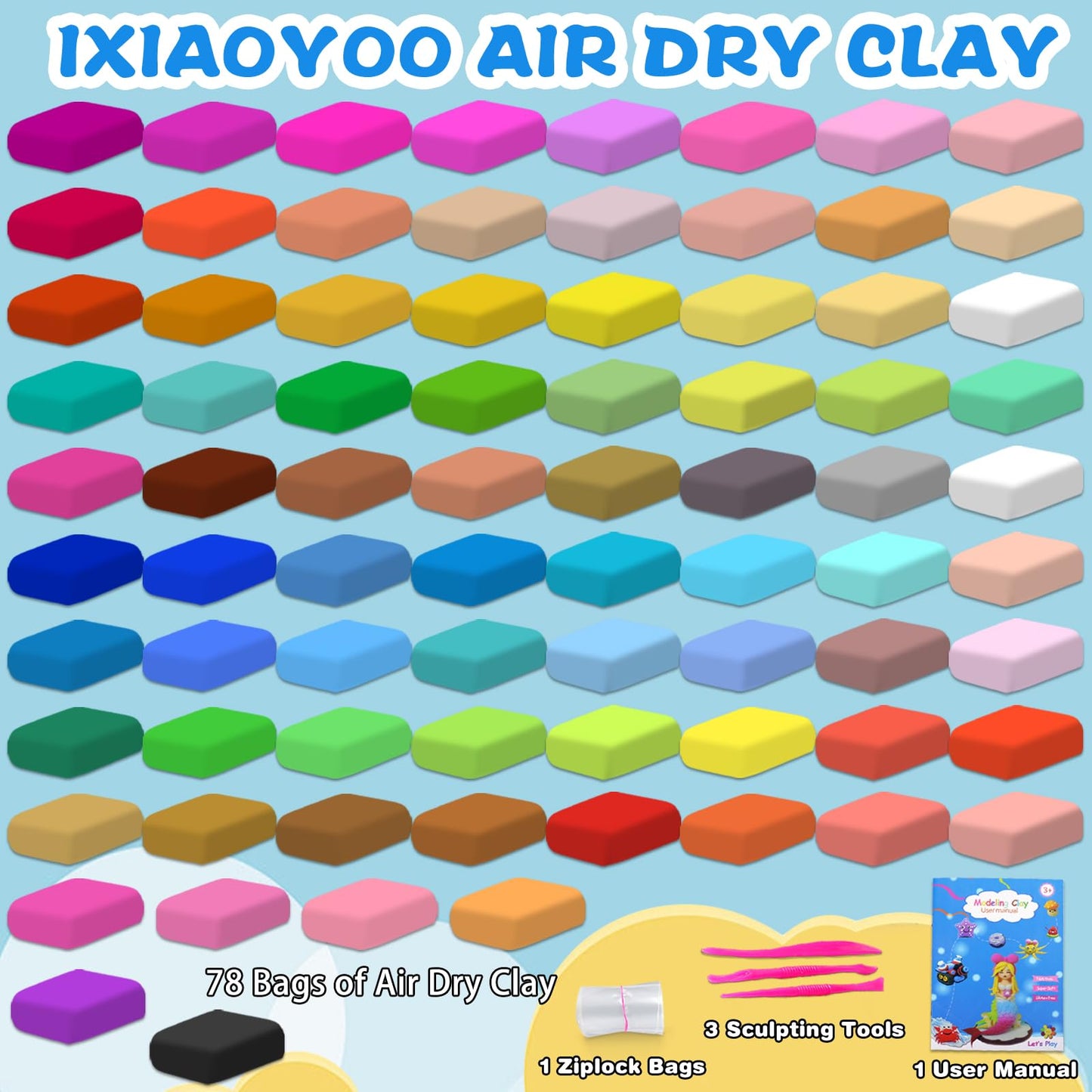 Ixiaoyoo Air Dry Clay for Kids – 78 Colors, Safe & Non-Toxic DIY Modeling Kit with Tools