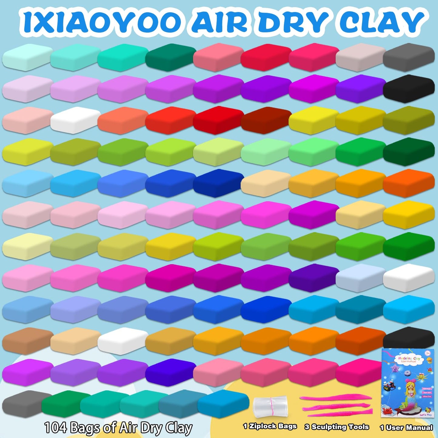 Ixiaoyoo Air Dry Clay Kit – 104 Colors, Tools, Safe Modelling Clay for Kids 3-12