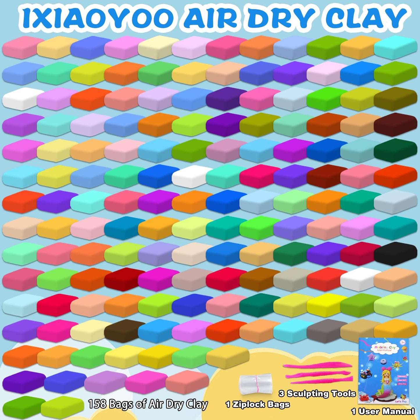 Ixiaoyoo Air Dry Clay Kit for Kids – 158 Colors Modeling Clay with Tools | Safe & Non-Toxic Arts & Crafts