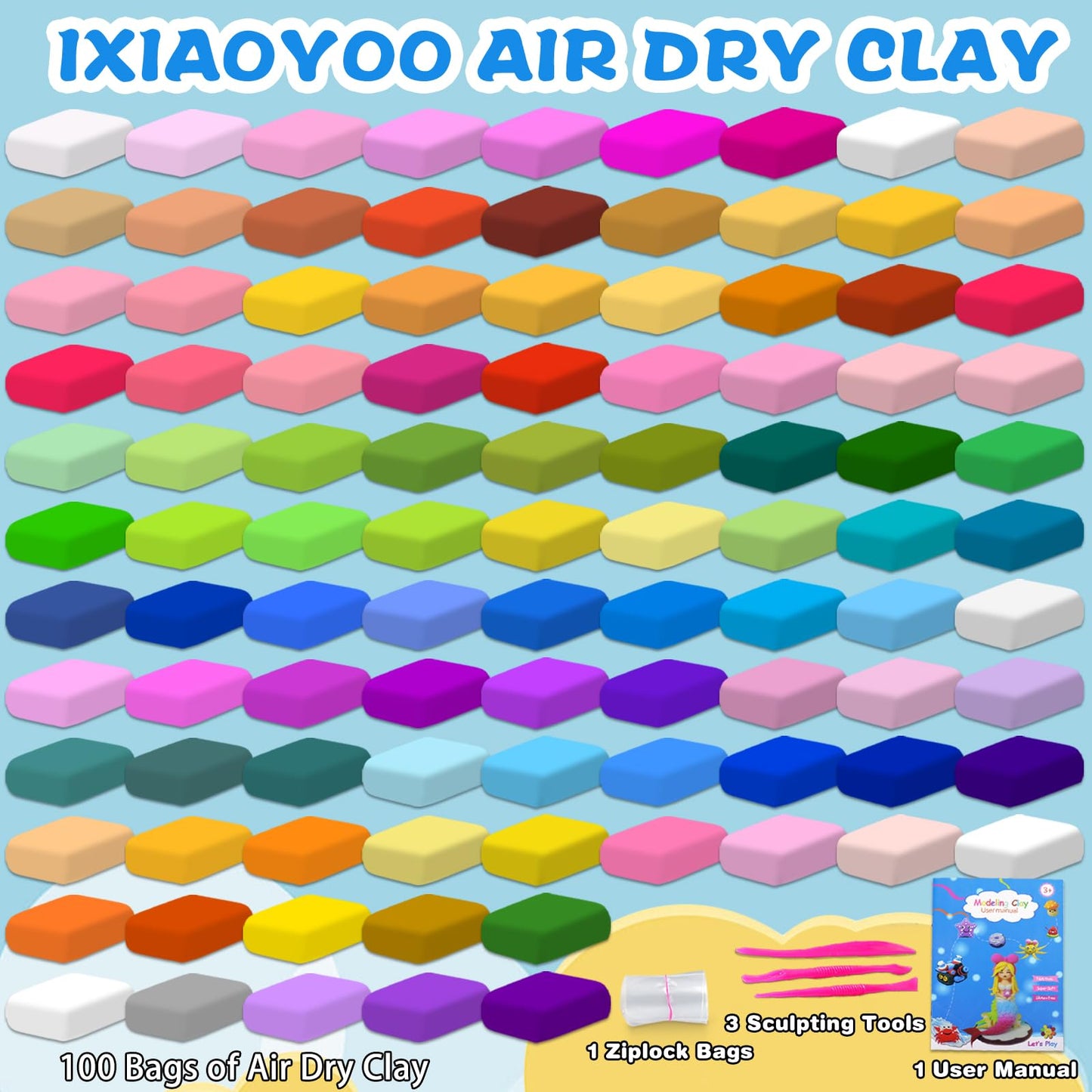 Ixiaoyoo Air Dry Clay – 100 Colors Modeling Clay for Kids, Safe Non-Toxic, DIY Art & Crafts