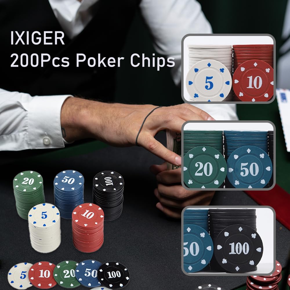IXIGER 200Pcs Poker Chips Set – Denominations, 5 Colors, Velvet Pouch