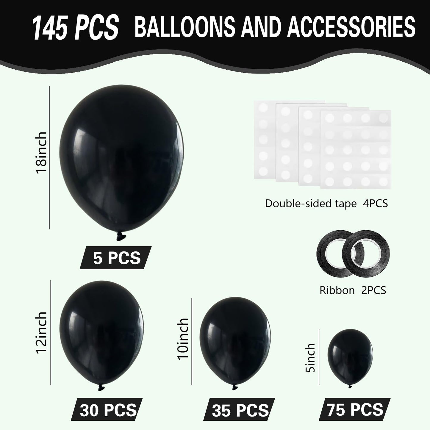 IXVAN Black Balloons Set 145pcs – 5in, 10in, 12in, 18in Latex Arch & Garland Kit