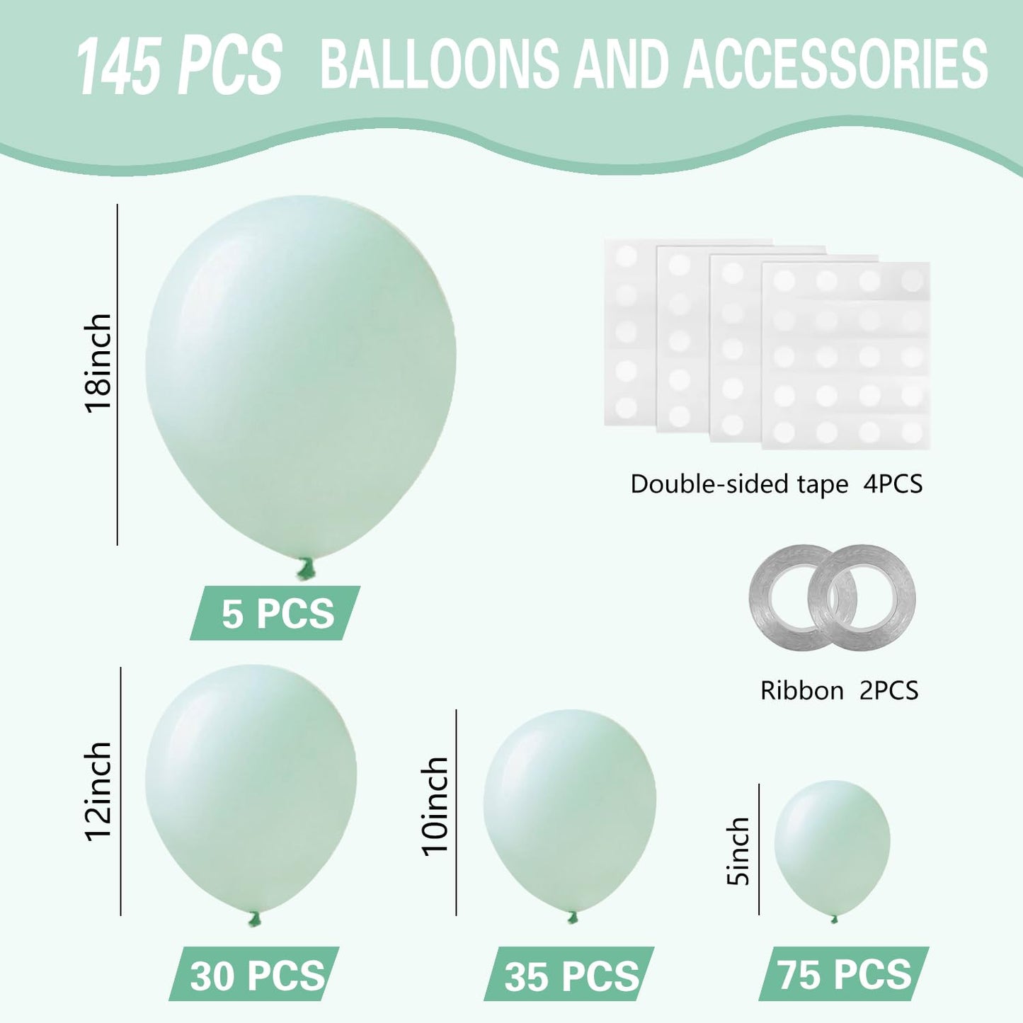 IXVAN Pastel Green Balloons 145pcs – Mixed Sizes 18/12/10/5 Inches for Balloon Garland Arch