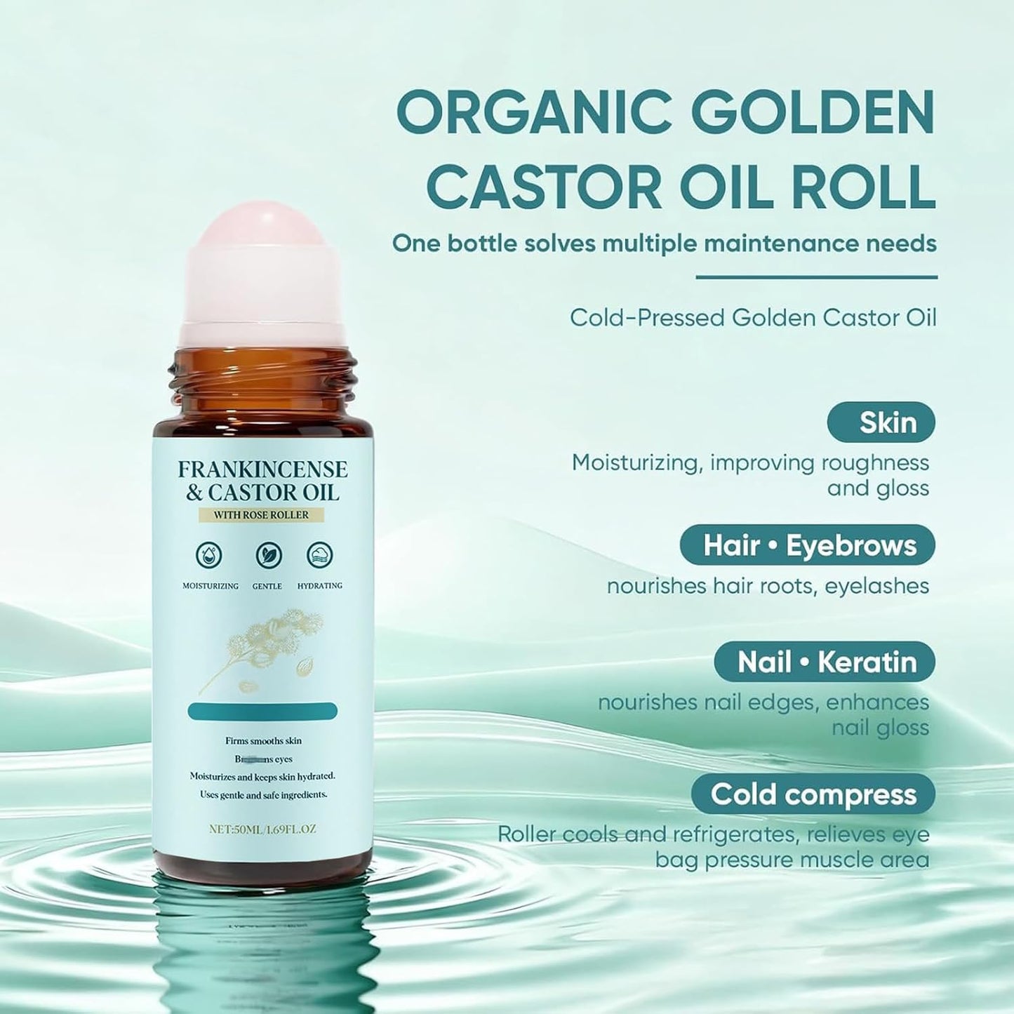 iYanoc Frankincense & Castor Oil Roll-On – Cold-Pressed Castor Oil, Soothing Moisturizing Facial Oil for Face, Neck, Abdomen (2 x 1.69 fl oz)