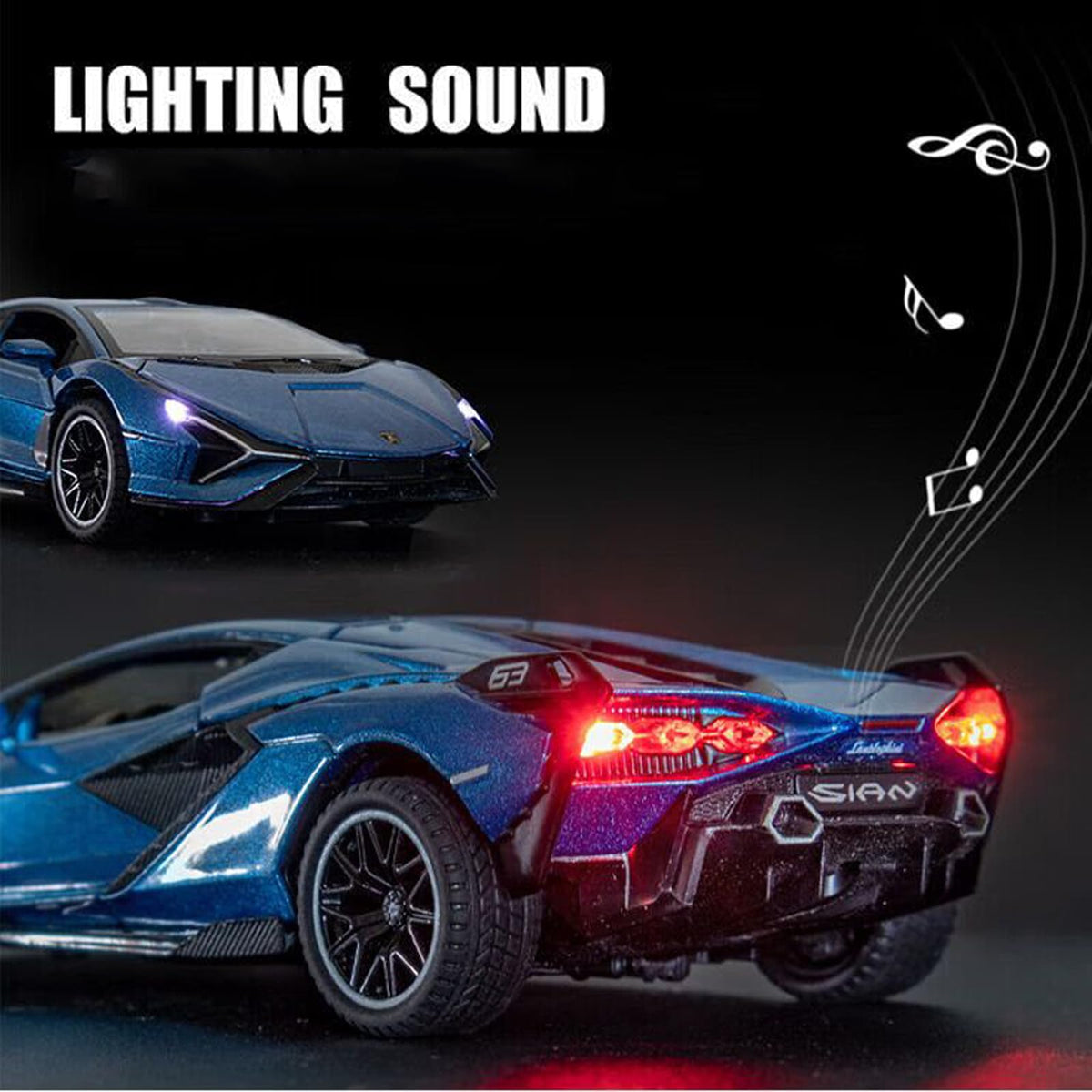 IYEAM Lambo Sian FKP3 Die-Cast Car with Lights & Sound – Pull-Back Toy for Ages 3+ (Blue)