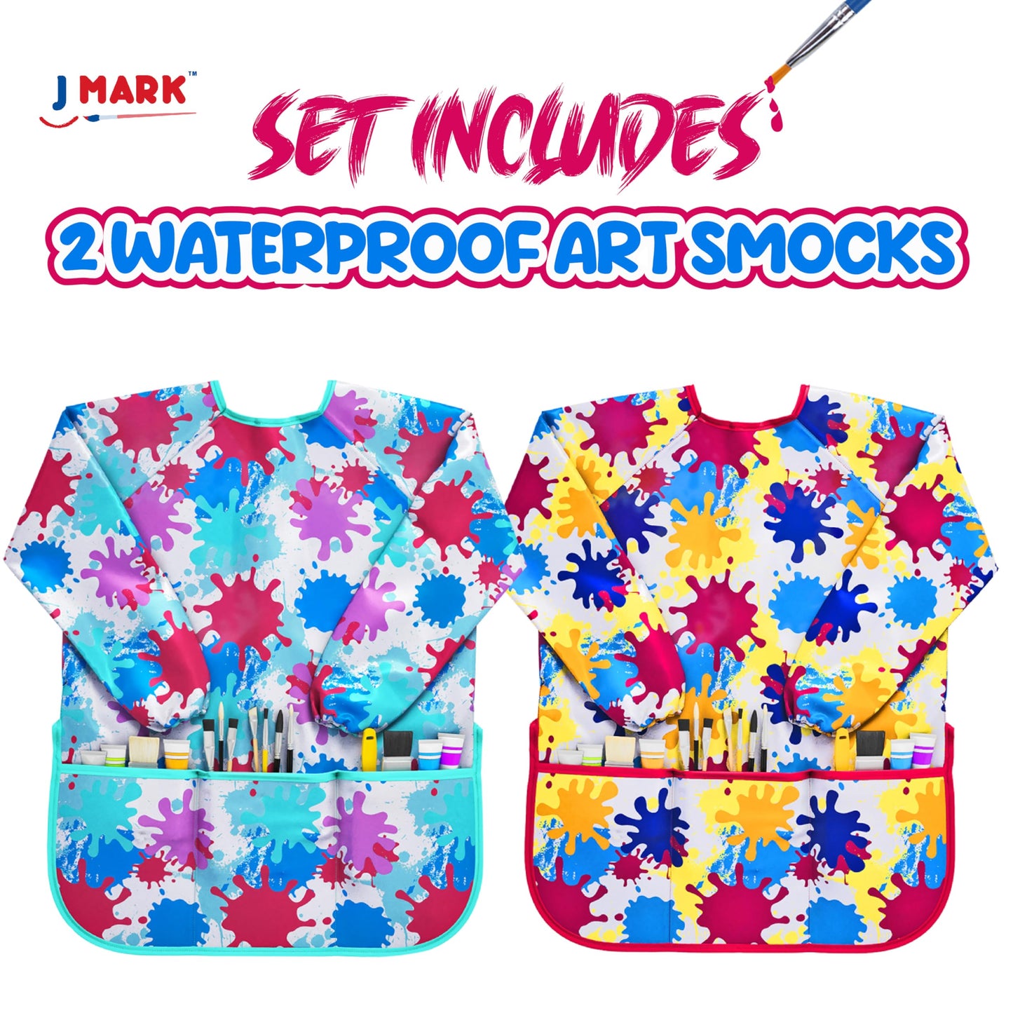 J MARK Art Smock Painting Apron – Pack of 2, Long Sleeve, Waterproof with 2 Pockets