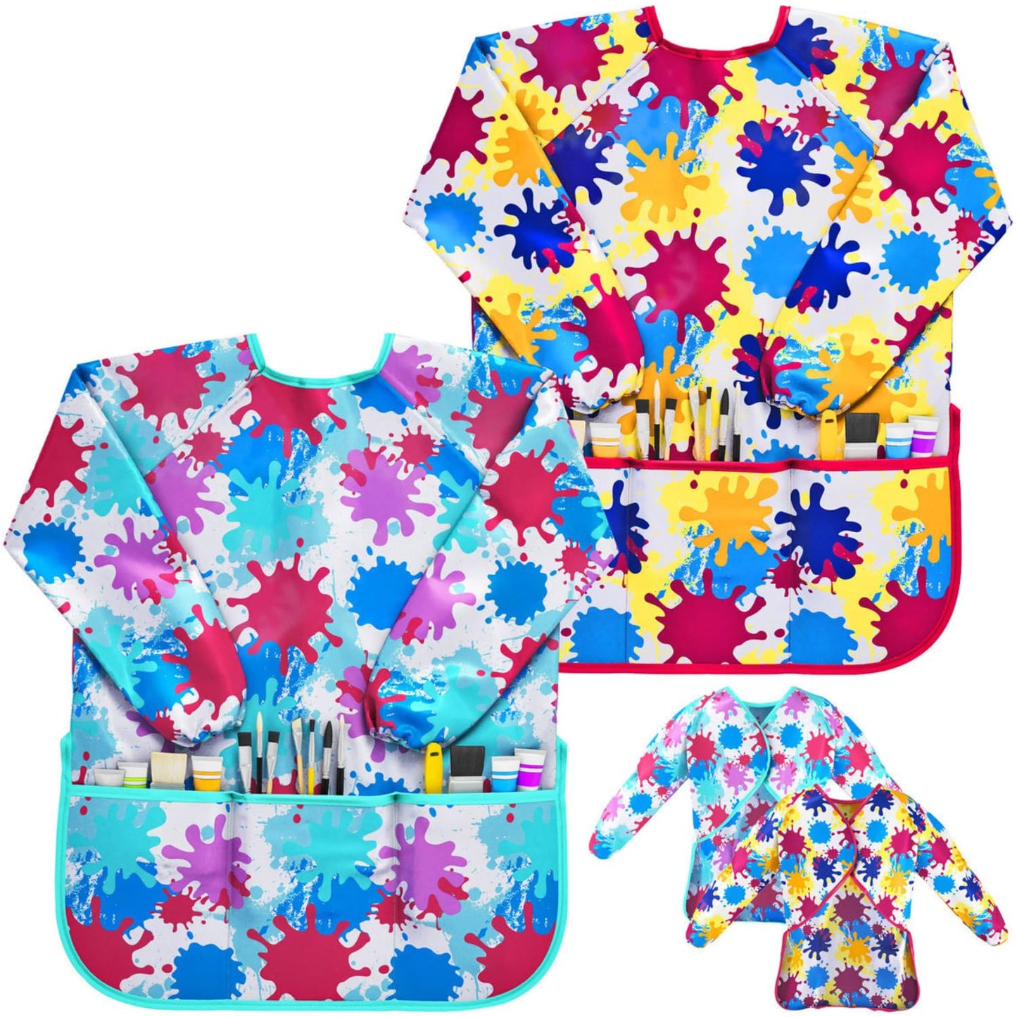 J MARK Art Smock Painting Apron – Pack of 2, Long Sleeve, Waterproof with 2 Pockets