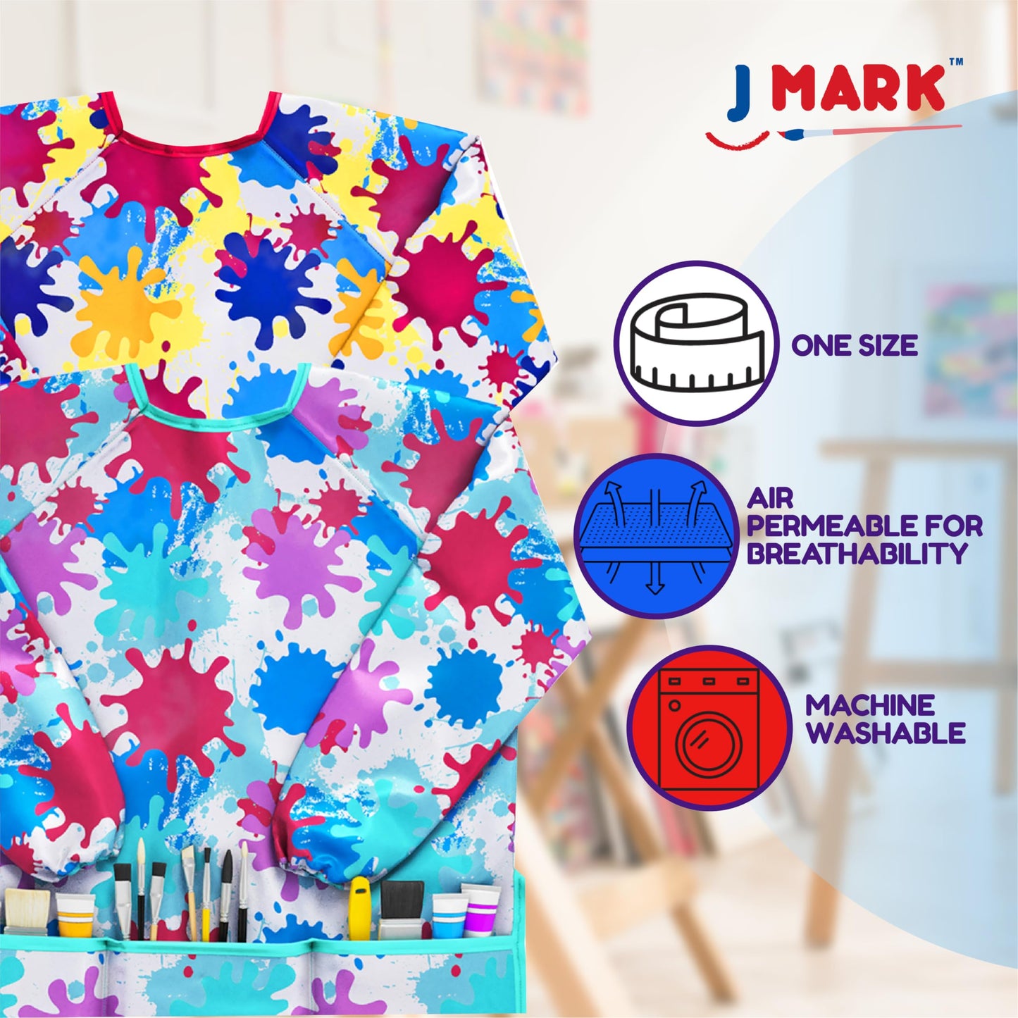 J MARK Art Smock Painting Apron – Pack of 2, Long Sleeve, Waterproof with 2 Pockets