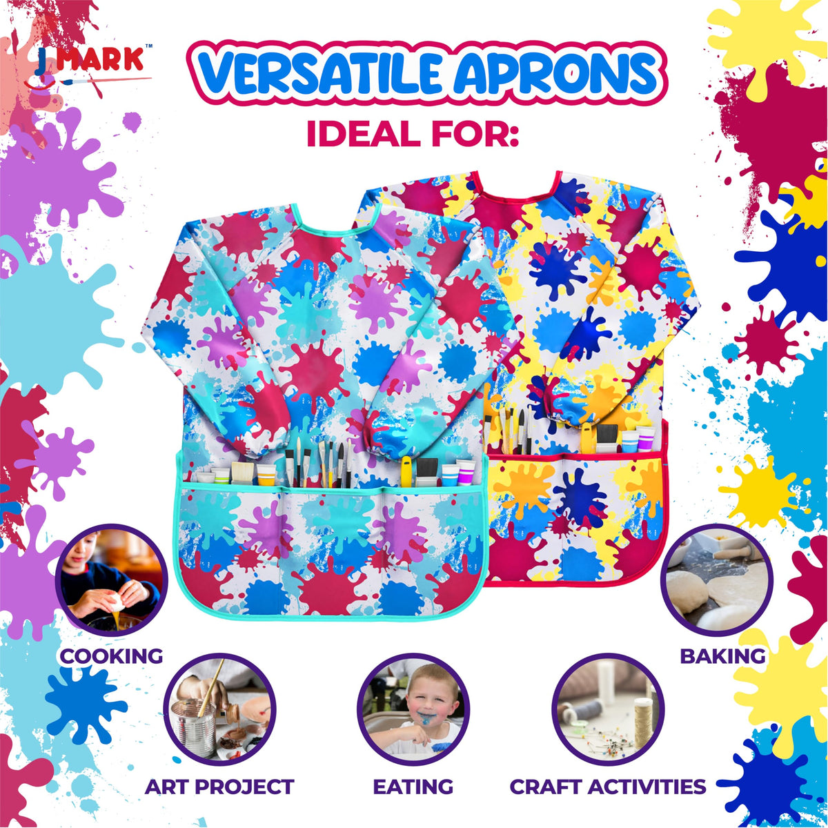 J MARK Art Smock Painting Apron – Pack of 2, Long Sleeve, Waterproof with 2 Pockets