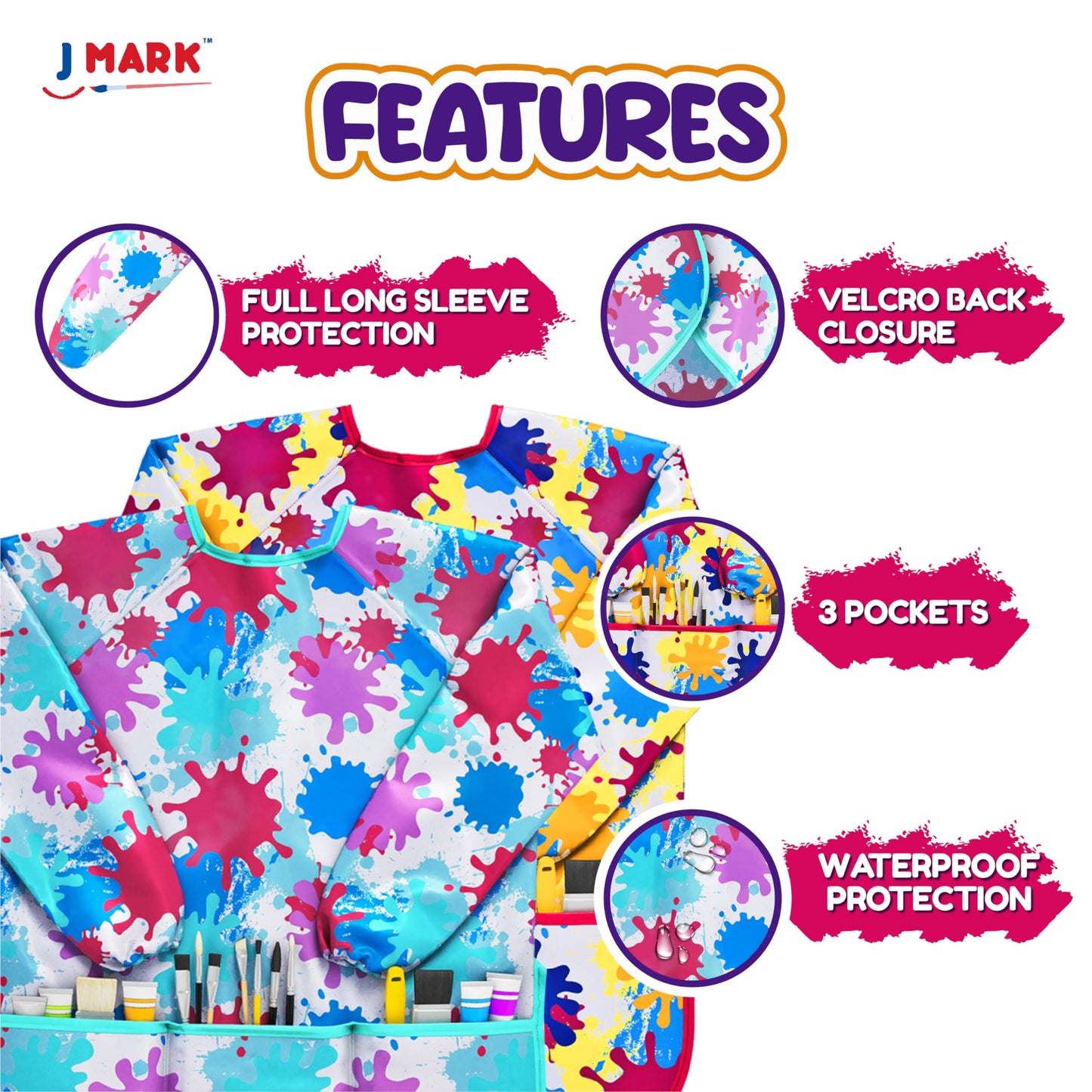 J MARK Art Smock Painting Apron – Pack of 2, Long Sleeve, Waterproof with 2 Pockets