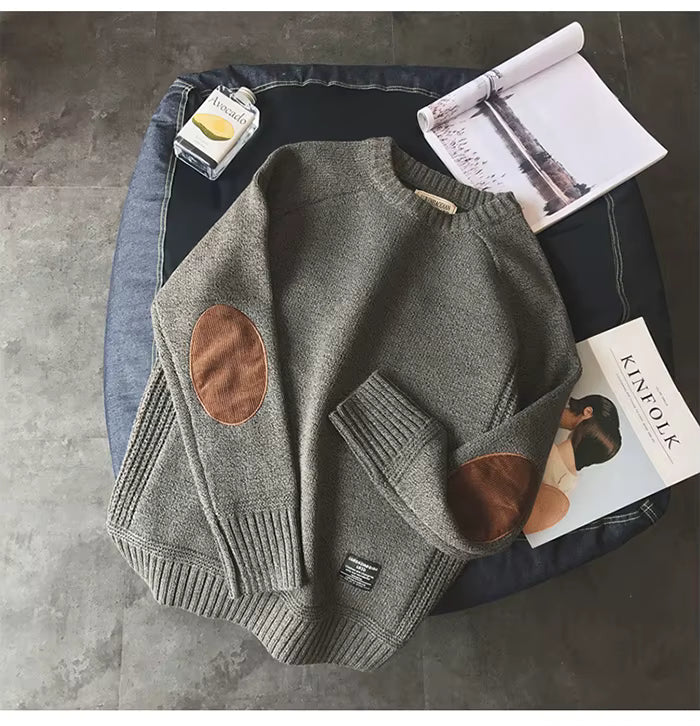 Men’s Thick Knit Sweater with Elbow Patches – Casual Oversized Pullover, Autumn Winter Crew Neck Knitwear (M–5XL)